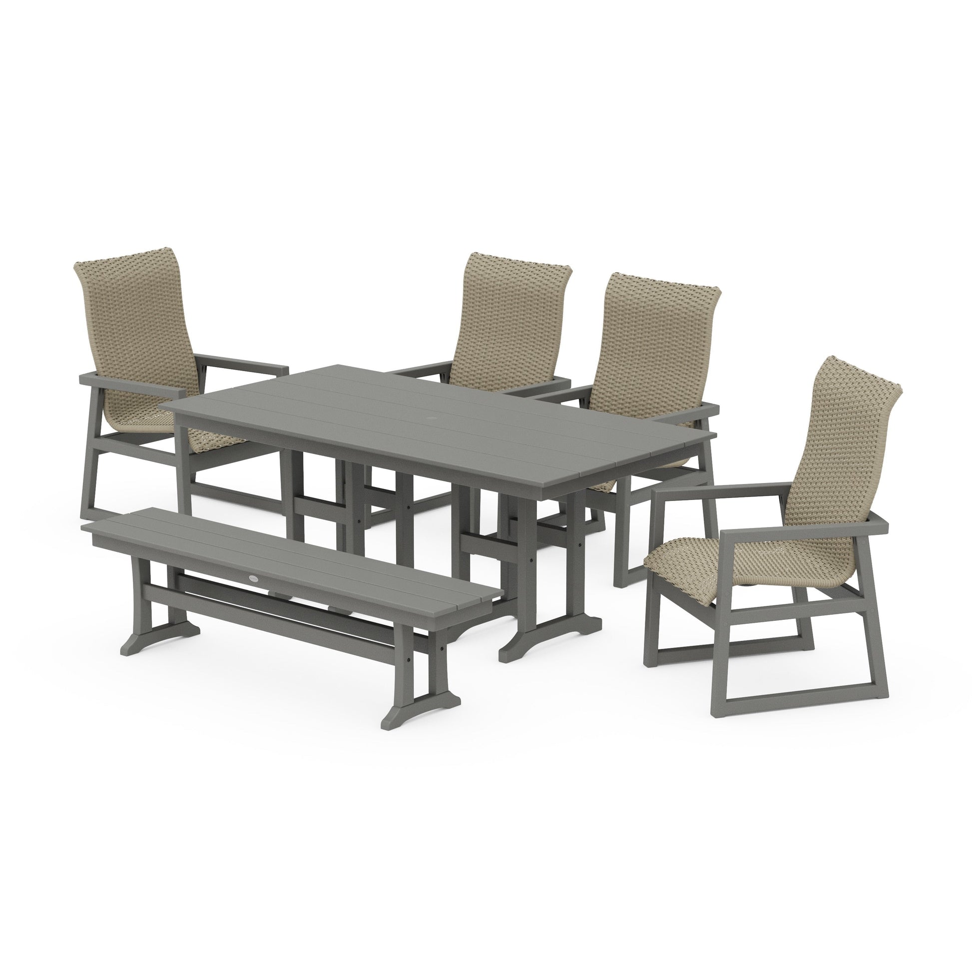 POLYWOOD EDGE Woven Highback 6-Piece Farmhouse Dining Set with Bench — Slate Grey / Dune Grass