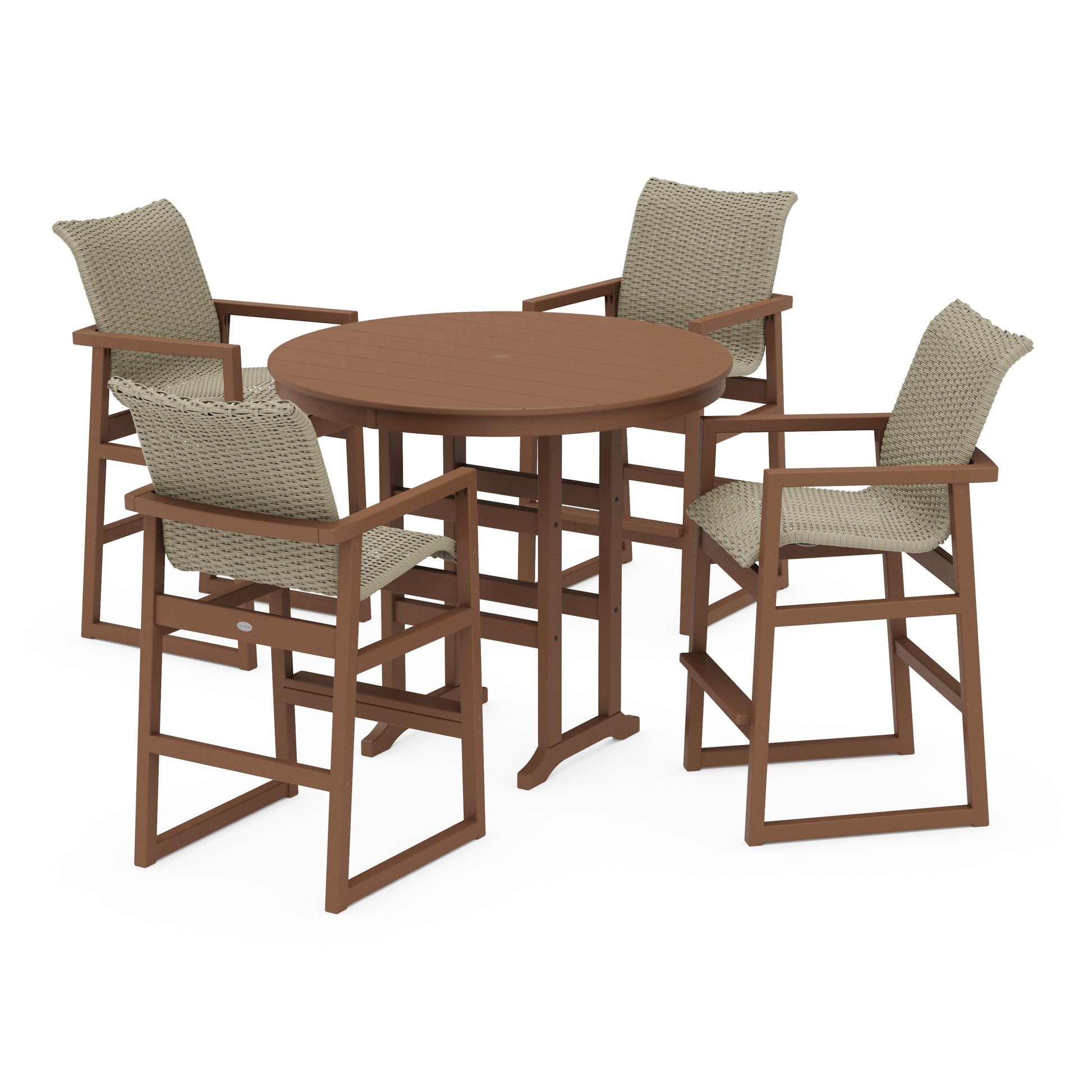 POLYWOOD EDGE Woven 5-Piece Round Farmhouse Bar Set — Teak / Dune Grass