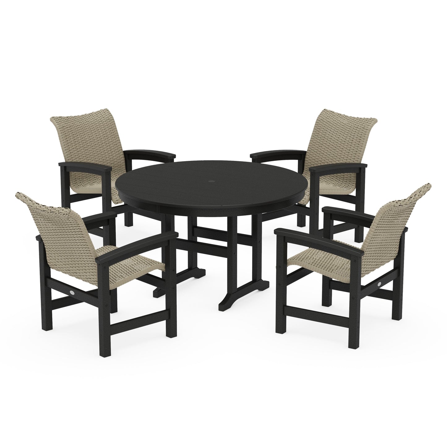 POLYWOOD Coastal Woven 5-Piece Round Farmhouse Dining Set — Black / Dune Grass