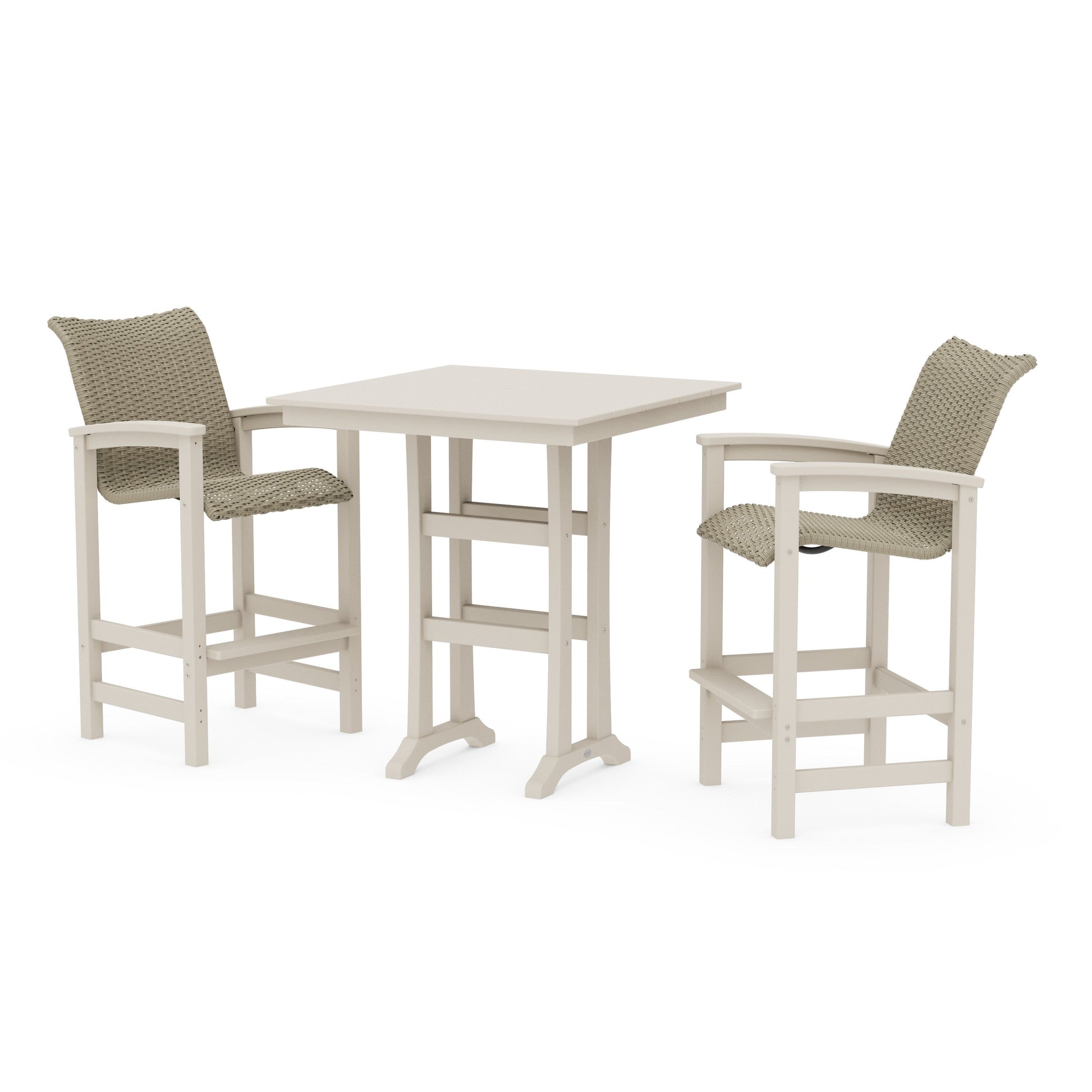 POLYWOOD Coastal Woven 3-Piece Farmhouse Bar Set with Trestle Legs — Sand / Dune Grass