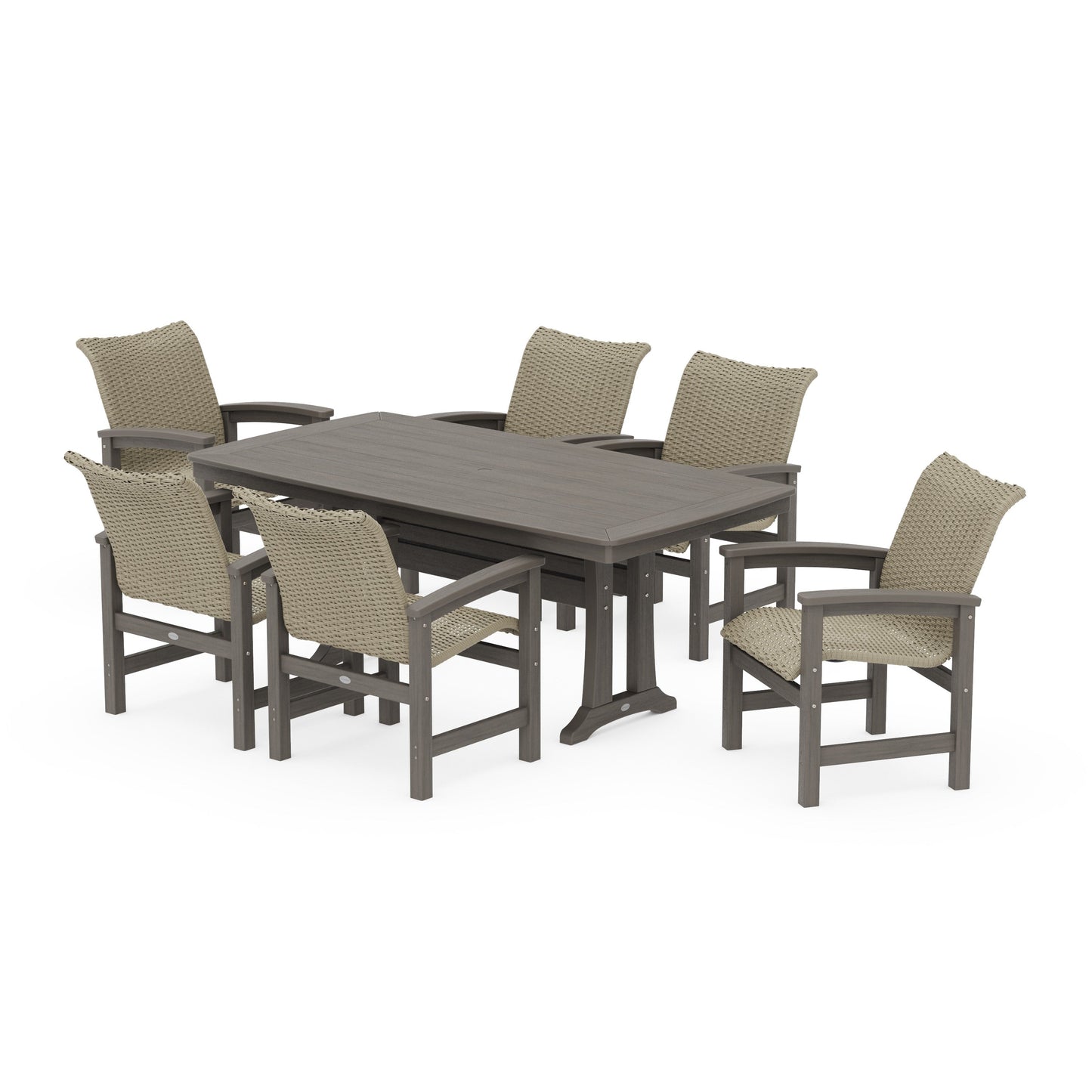 POLYWOOD Coastal Woven Arm Chair 7-Piece Dining Set with Trestle Legs — Driftwood / Dune Grass