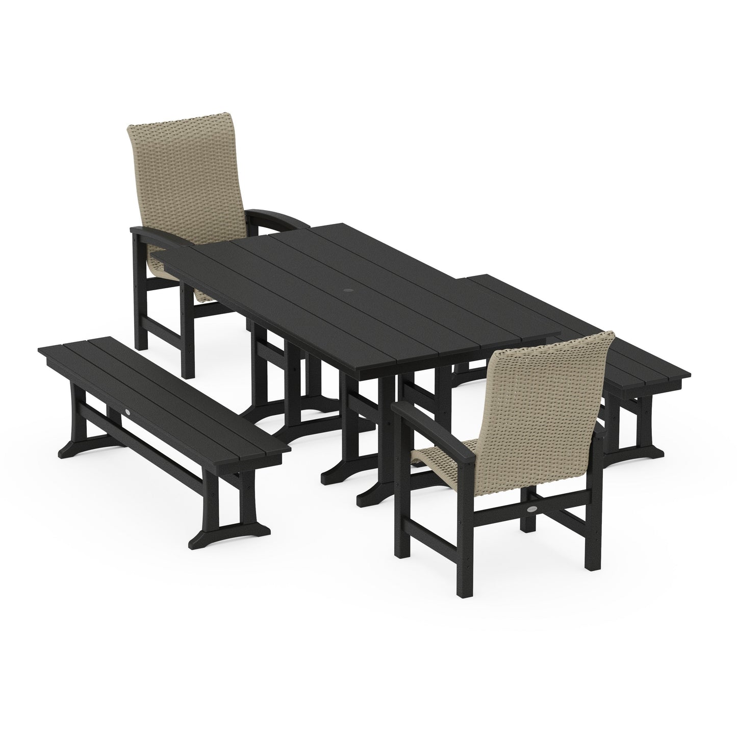 POLYWOOD Coastal Woven High-Back 5-Piece Farmhouse Dining Set with Benches — Black / Dune Grass