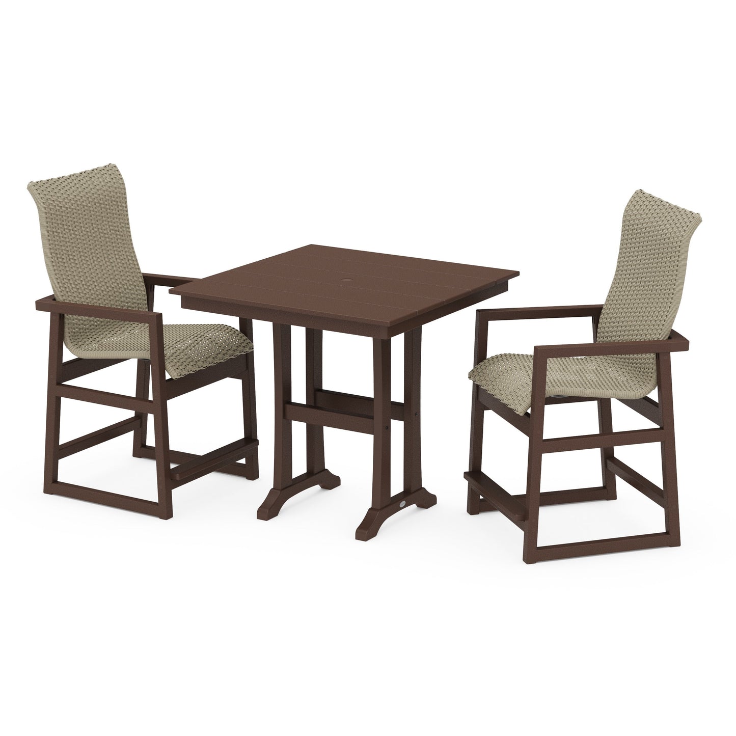 POLYWOOD EDGE Woven Highback 3-Piece Farmhouse Counter Set with Trestle Legs — Mahogany / Dune Grass