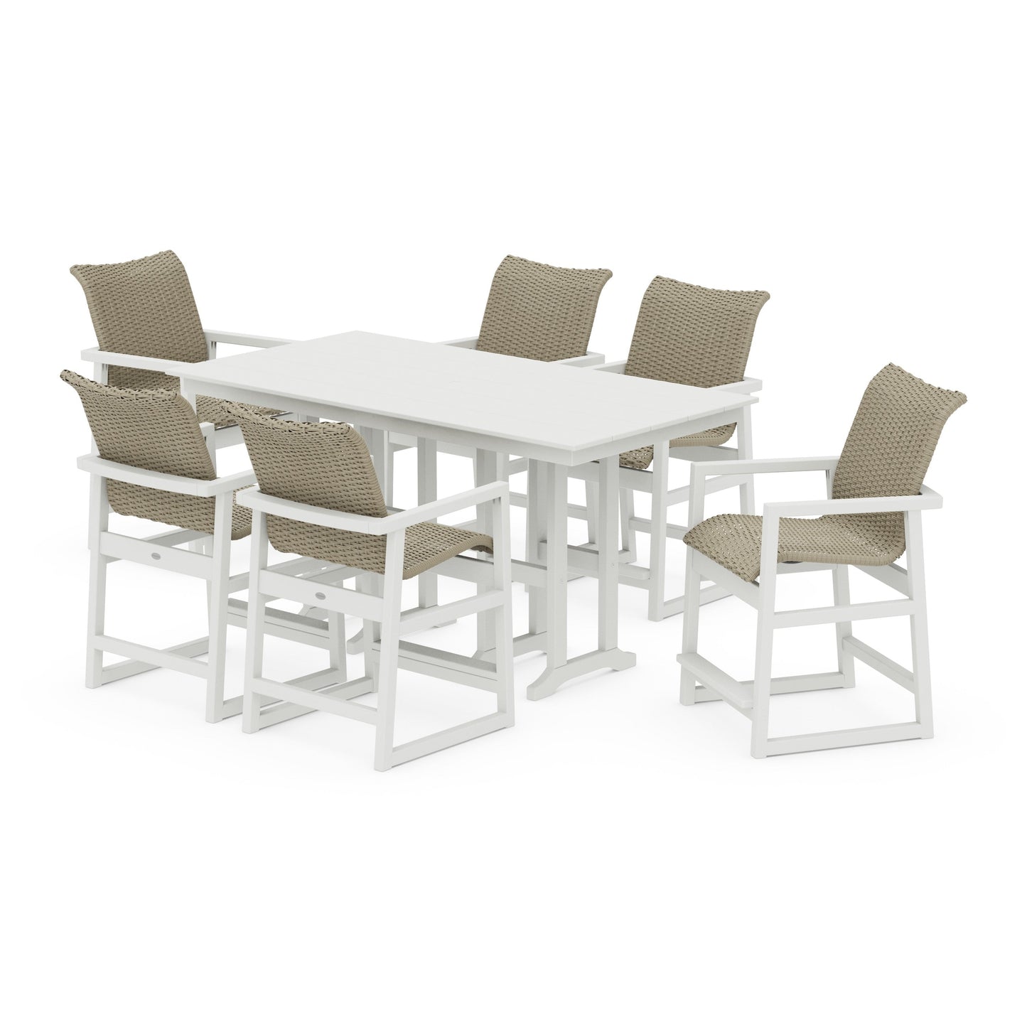 POLYWOOD EDGE Woven Arm Chair 7-Piece Farmhouse Counter Set — White / Dune Grass