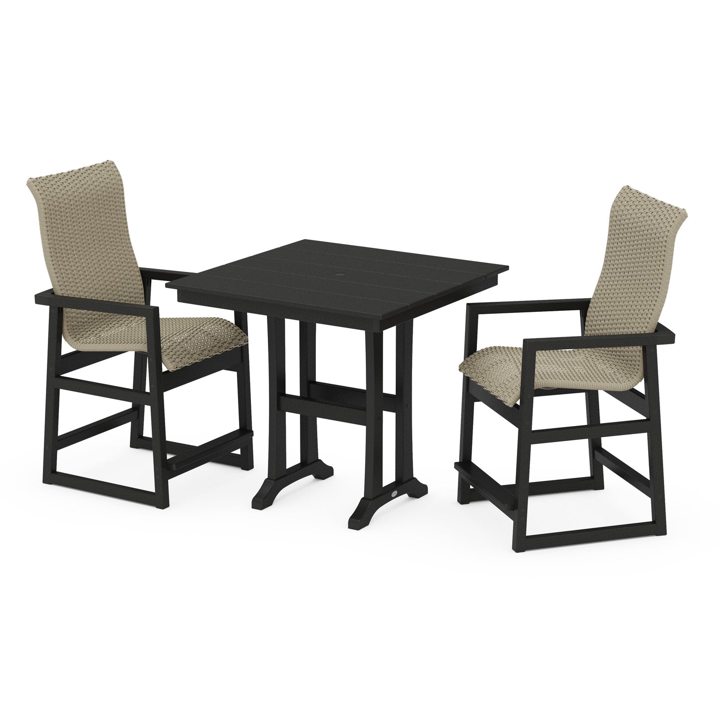 POLYWOOD EDGE Woven Highback 3-Piece Farmhouse Counter Set with Trestle Legs — Black / Dune Grass