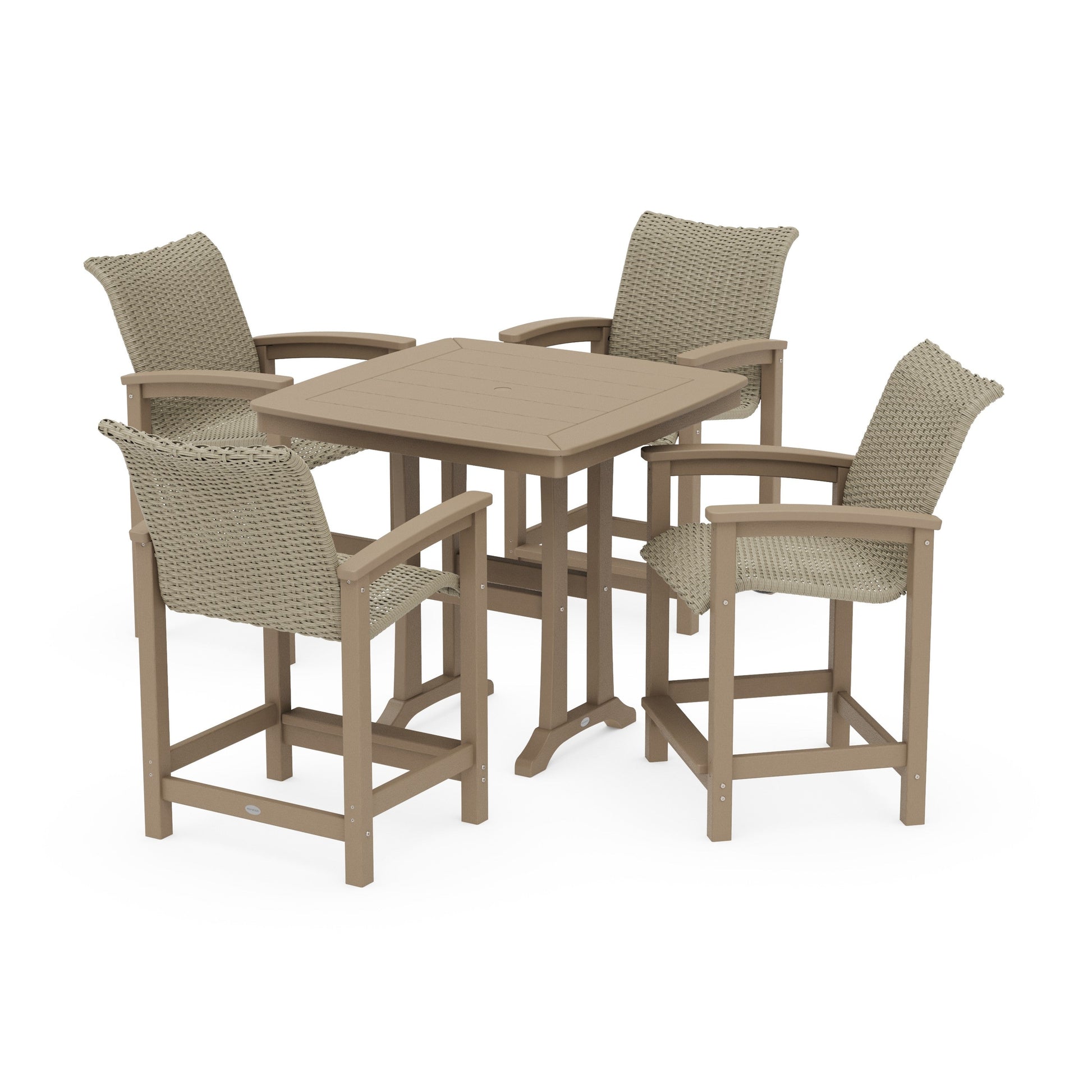 POLYWOOD Coastal Woven 5-Piece Counter Set with Trestle Legs — Vintage Sahara / Dune Grass