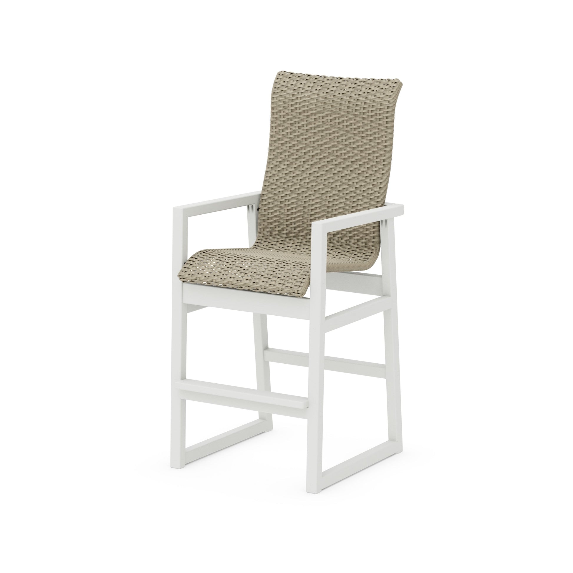 POLYWOOD EDGE Woven High-Back Bar Arm Chair — White / Dune Grass