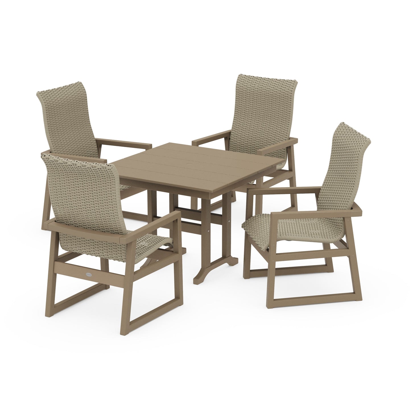 POLYWOOD EDGE Woven Highback 5-Piece Farmhouse Dining Set — Vintage Sahara / Dune Grass