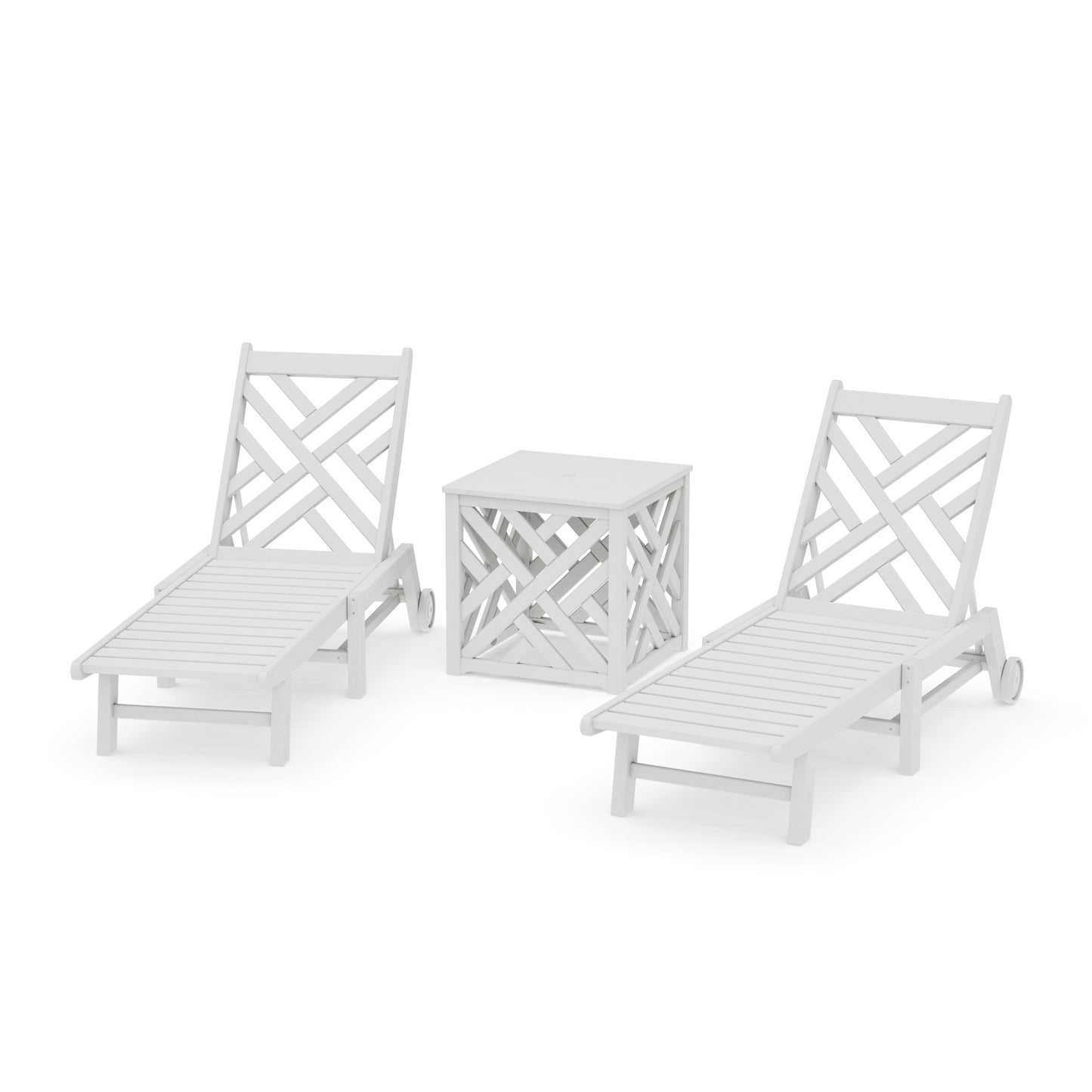 POLYWOOD Chippendale 3-Piece Chaise Set with Wheels and Umbrella Stand Accent Table — Vintage White
