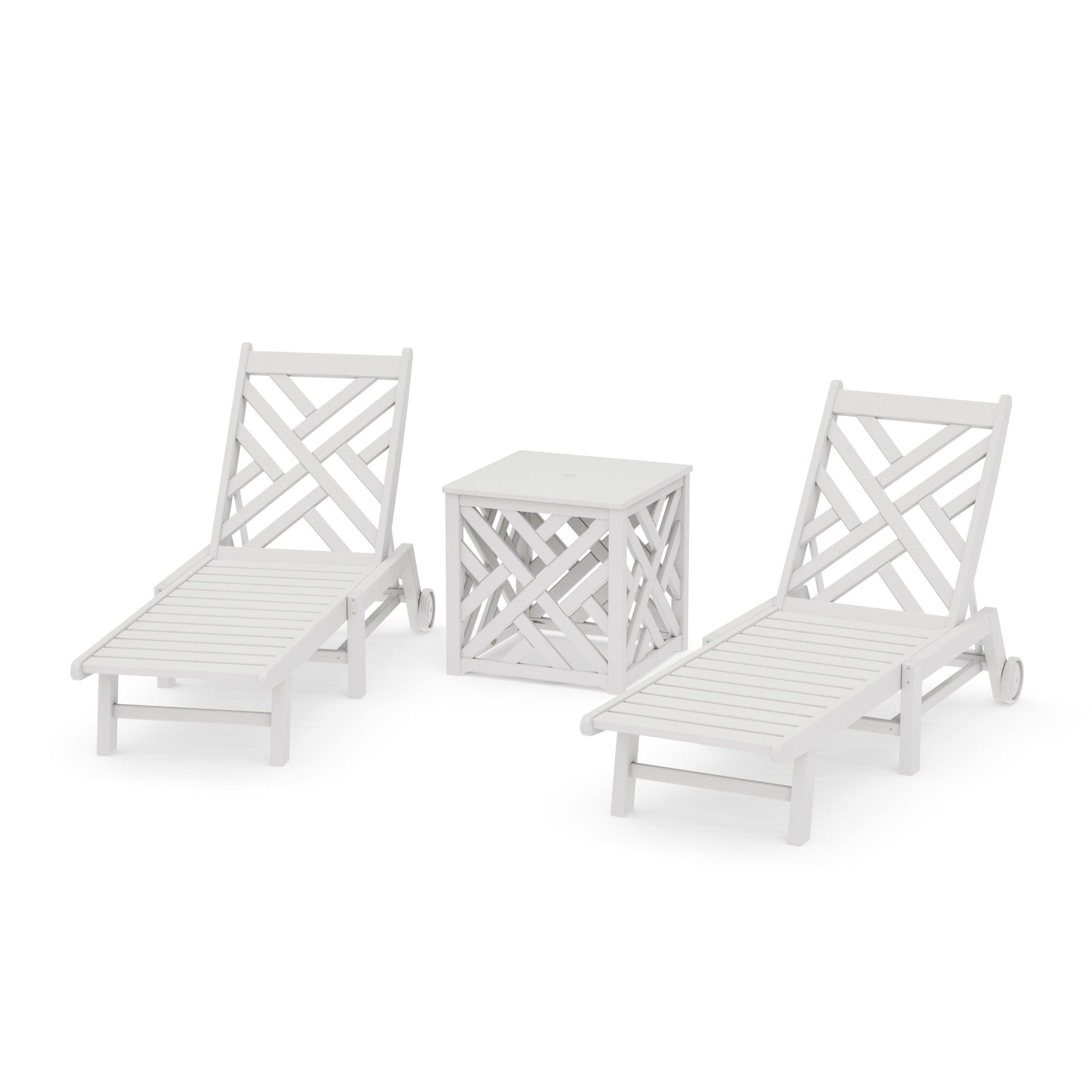 POLYWOOD Chippendale 3-Piece Chaise Set with Wheels and Umbrella Stand Accent Table — Vintage White