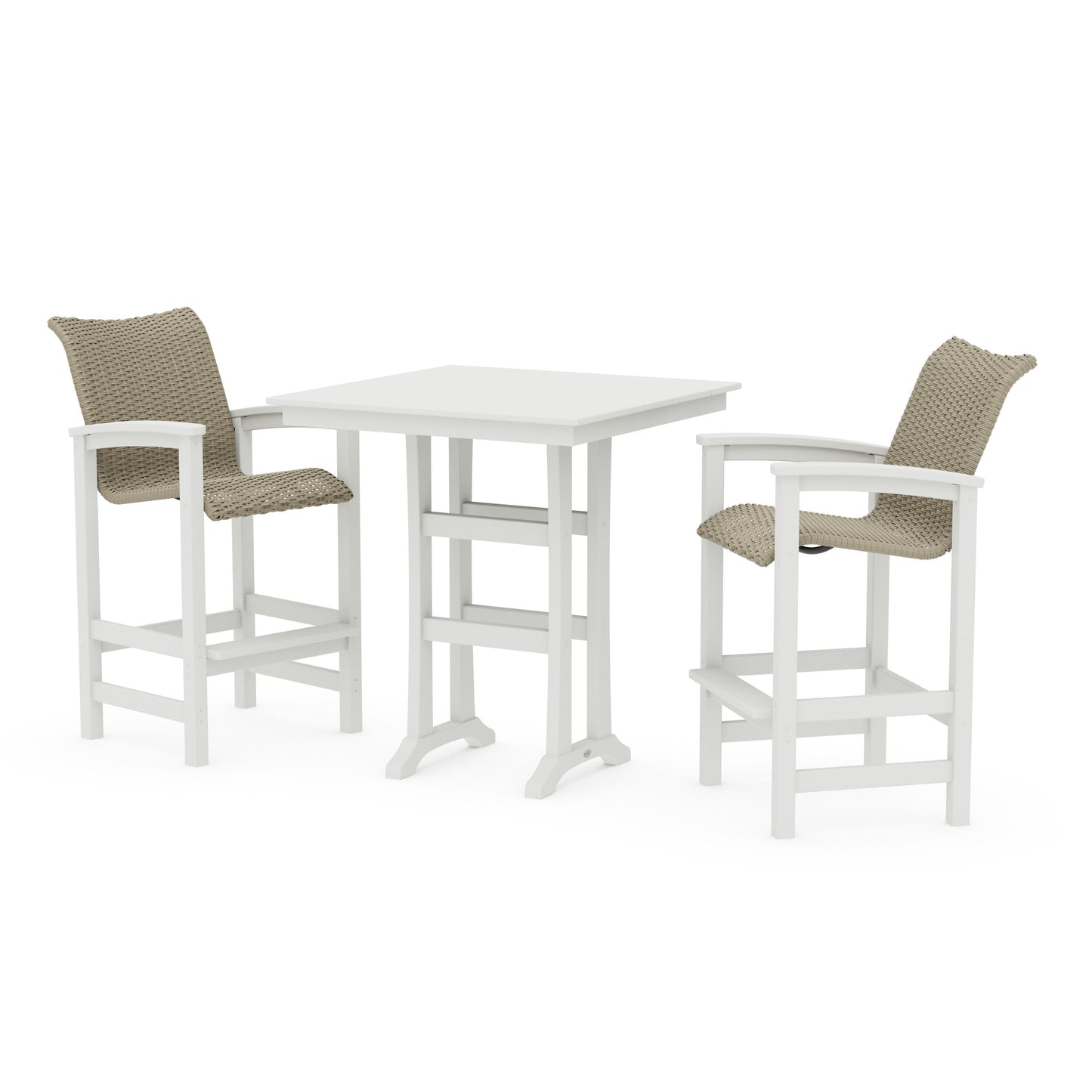POLYWOOD Coastal Woven 3-Piece Farmhouse Bar Set with Trestle Legs — Vintage White / Dune Grass