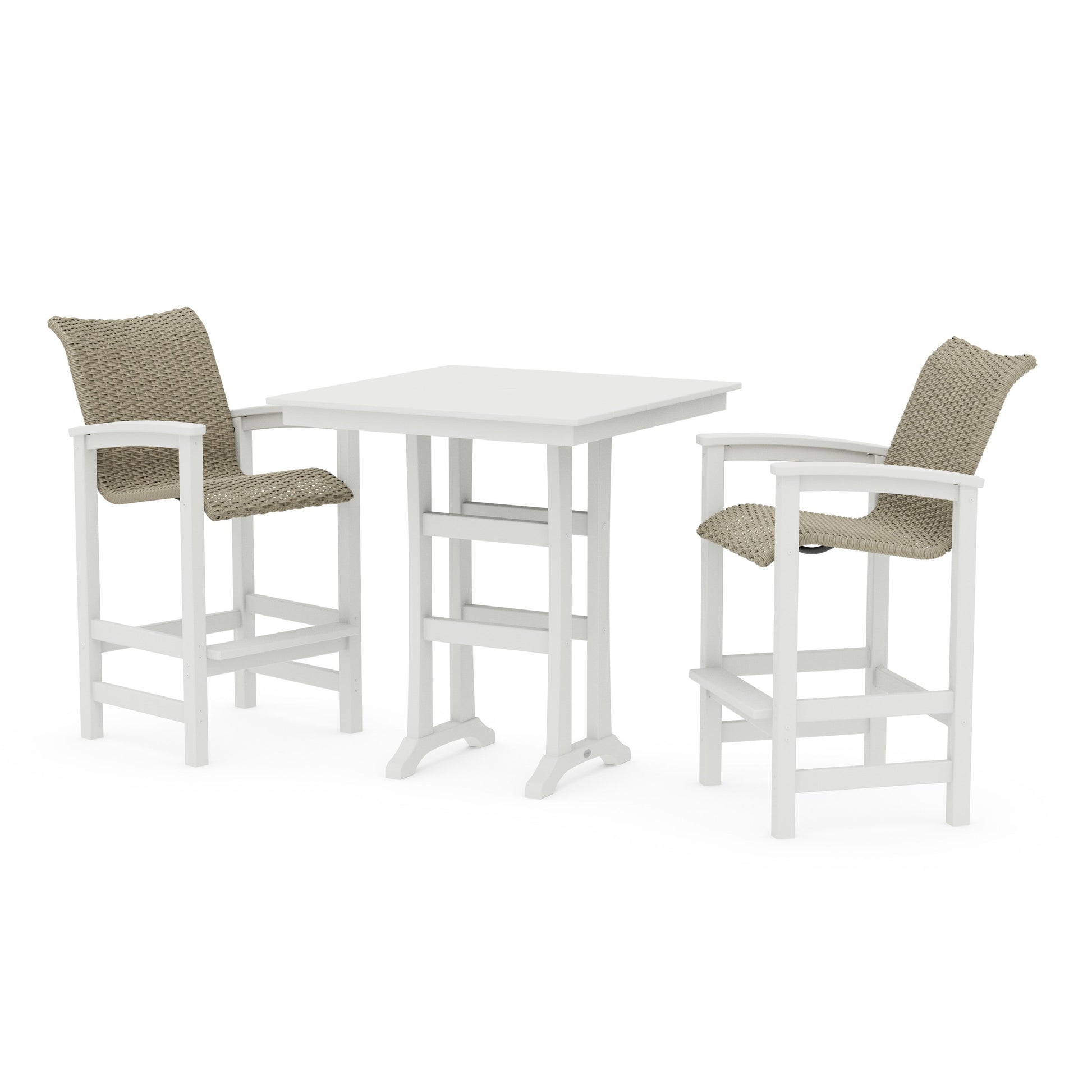 POLYWOOD Coastal Woven 3-Piece Farmhouse Bar Set with Trestle Legs — Vintage White / Dune Grass