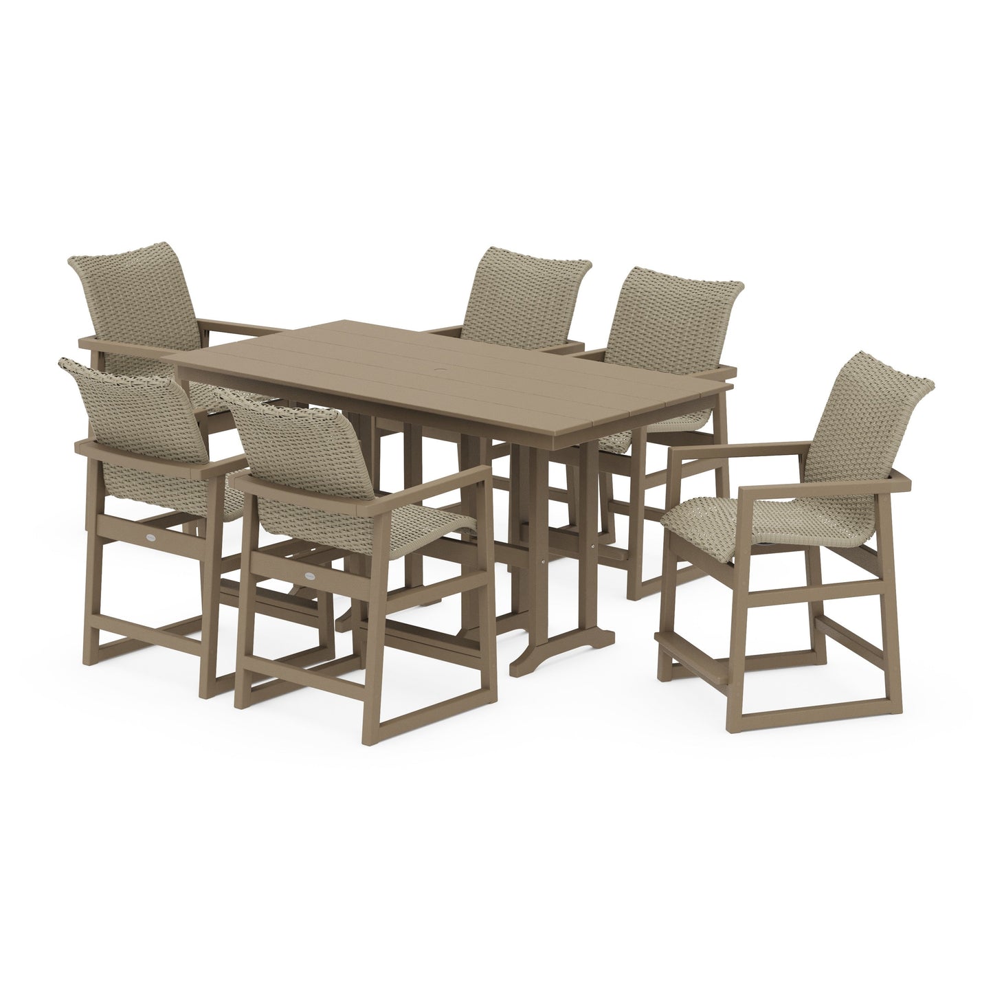 POLYWOOD EDGE Woven Arm Chair 7-Piece Farmhouse Counter Set — Vintage Sahara / Dune Grass