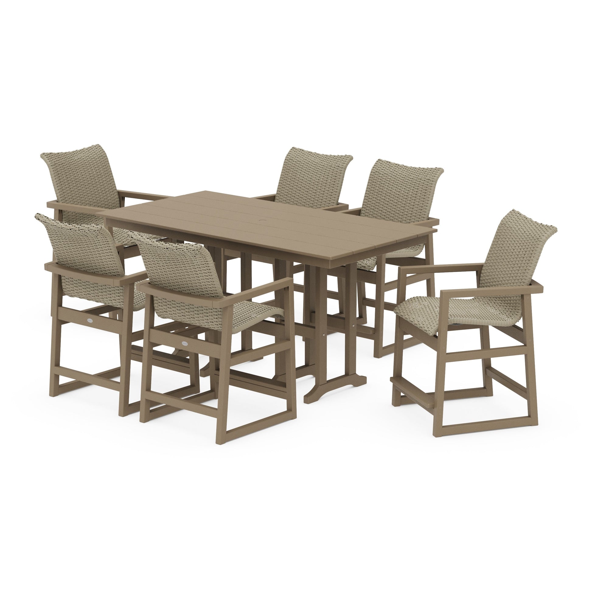 POLYWOOD EDGE Woven Arm Chair 7-Piece Farmhouse Counter Set — Vintage Sahara / Dune Grass