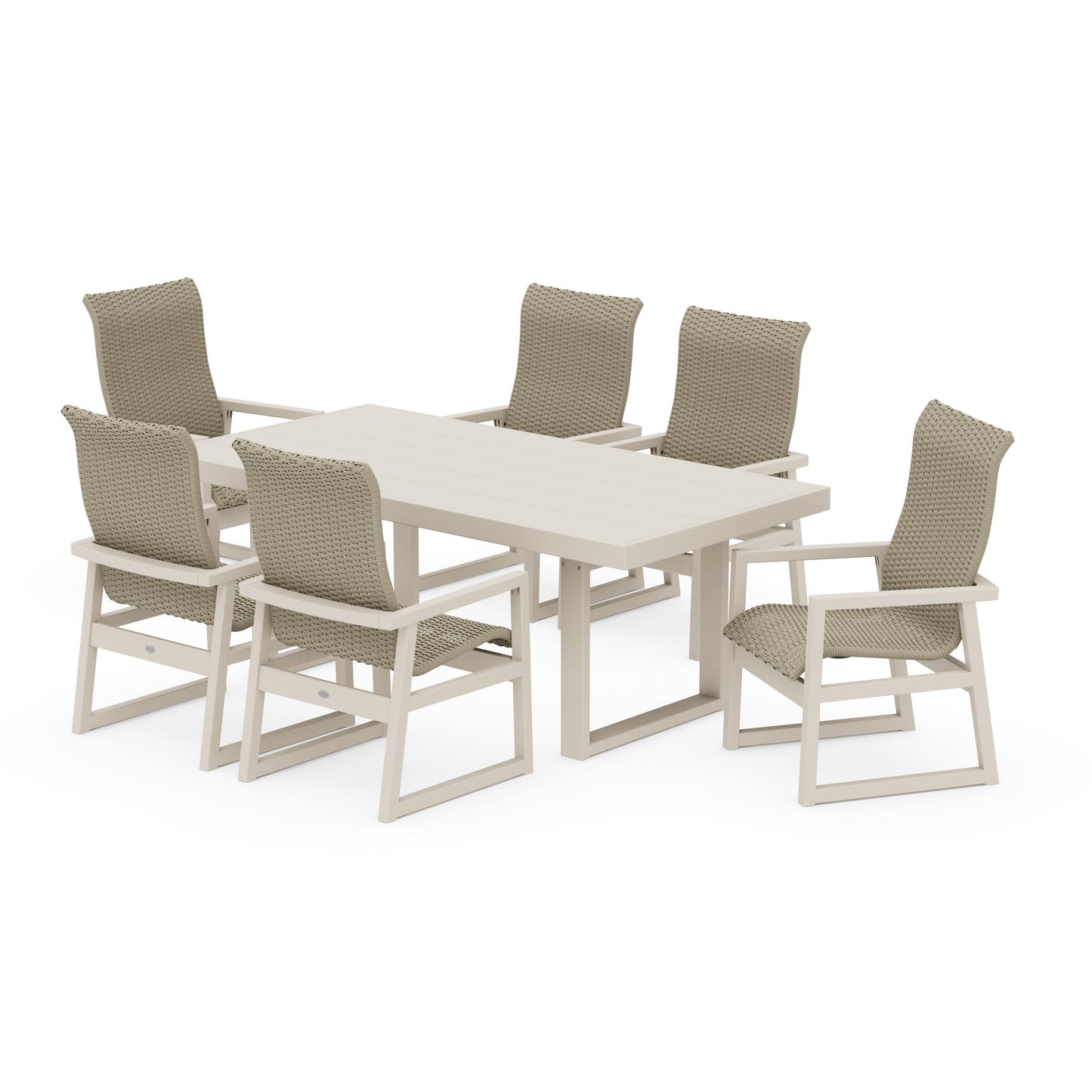 POLYWOOD EDGE Woven Highback Arm Chair 7-Piece Dining Set — Sand / Dune Grass