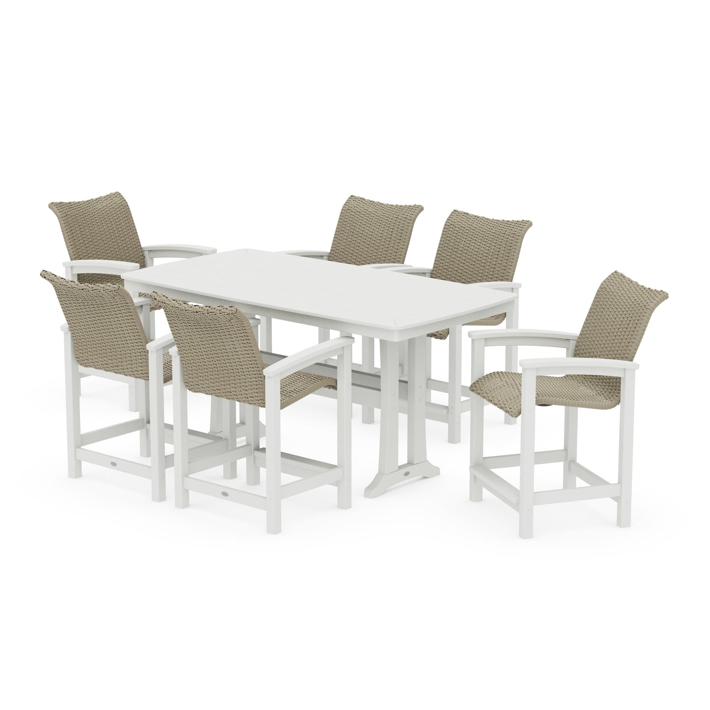 POLYWOOD Coastal Woven Arm Chair 7-Piece Counter Set with Trestle Legs — White / Dune Grass