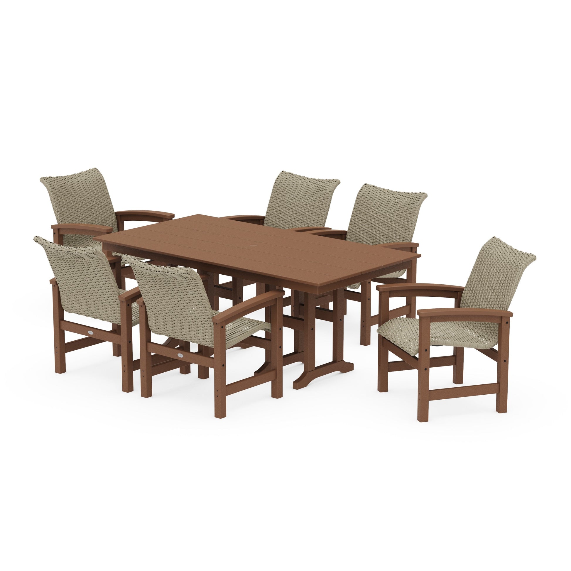 POLYWOOD Coastal Woven Arm Chair 7-Piece Farmhouse Dining Set — Teak / Dune Grass