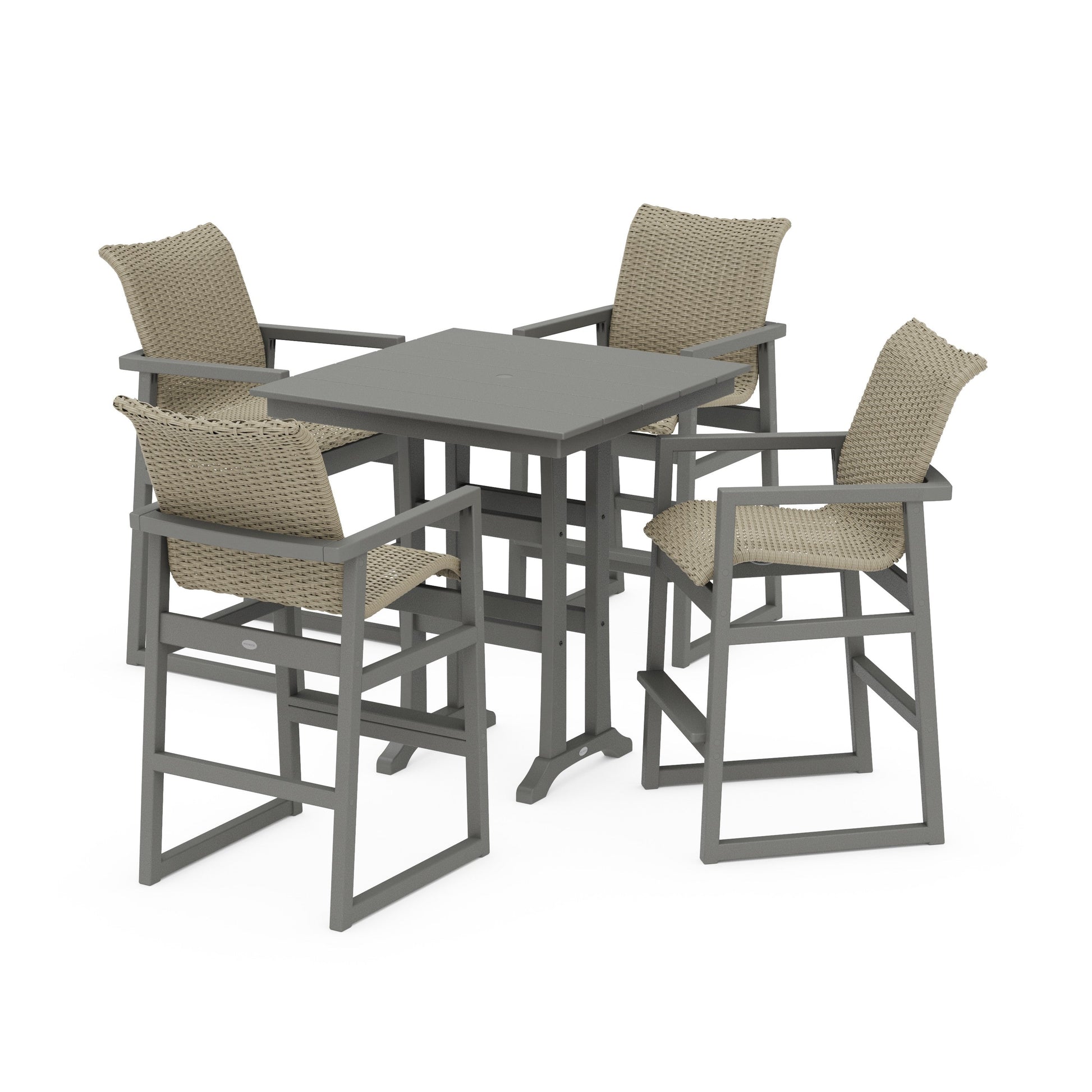POLYWOOD EDGE Woven 5-Piece Farmhouse Bar Set with Trestle Legs — Slate Grey / Dune Grass