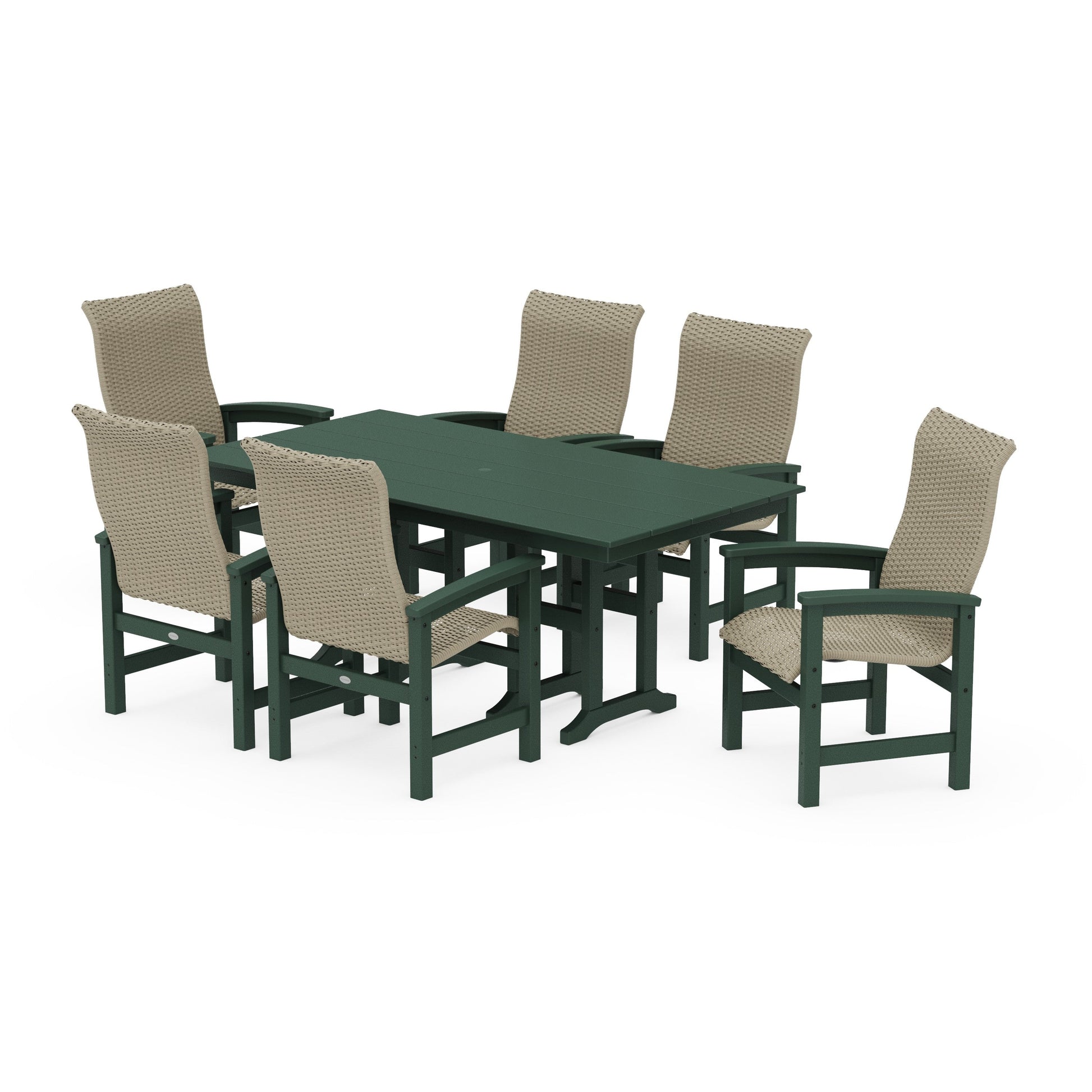 POLYWOOD Coastal Woven High-Back Arm Chair 7-Piece Farmhouse Dining Set — Green / Dune Grass