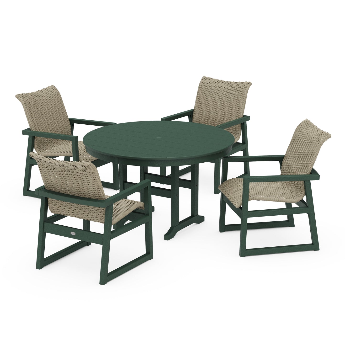 POLYWOOD EDGE Woven 5-Piece Round Farmhouse Dining Set — Green / Dune Grass