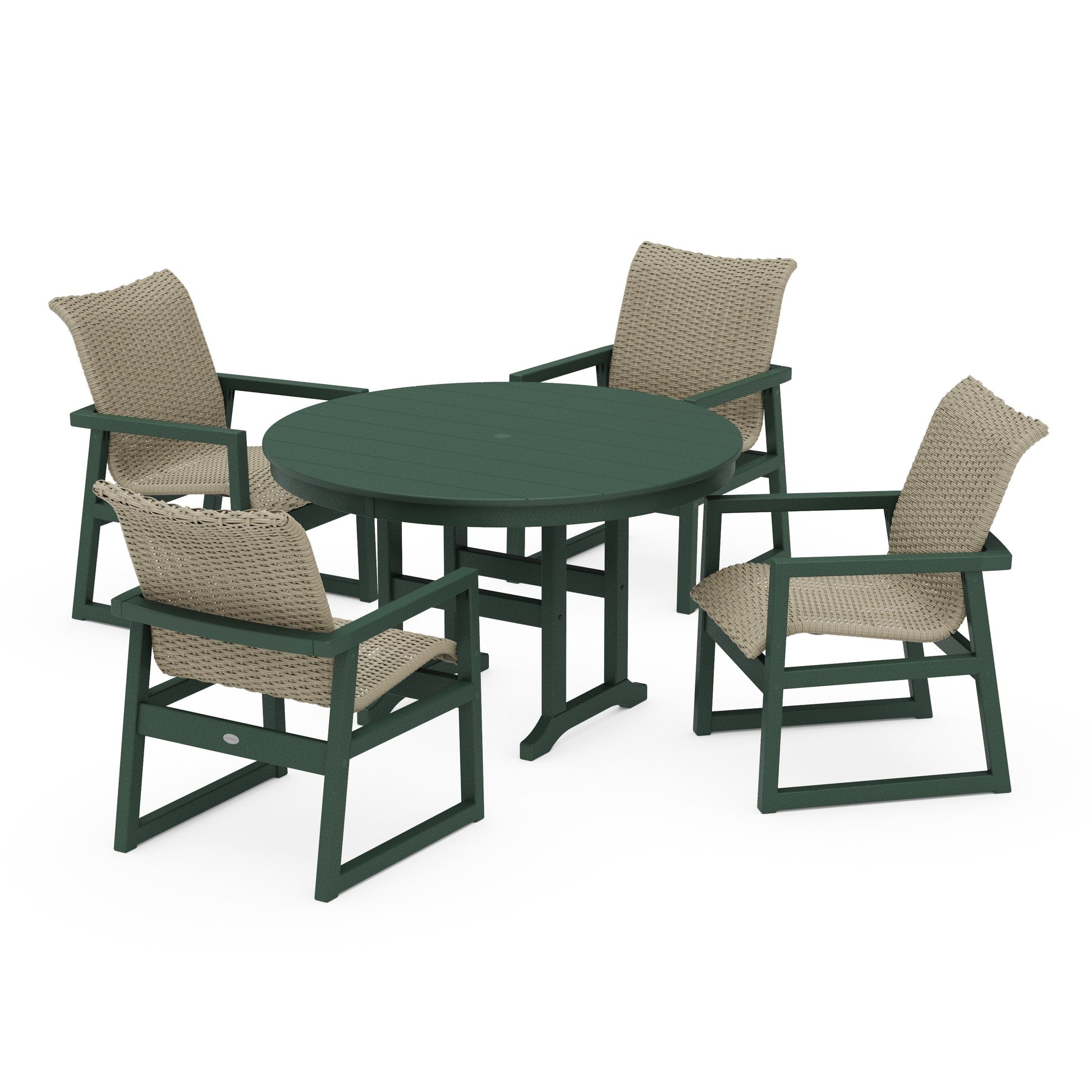 POLYWOOD EDGE Woven 5-Piece Round Farmhouse Dining Set — Green / Dune Grass