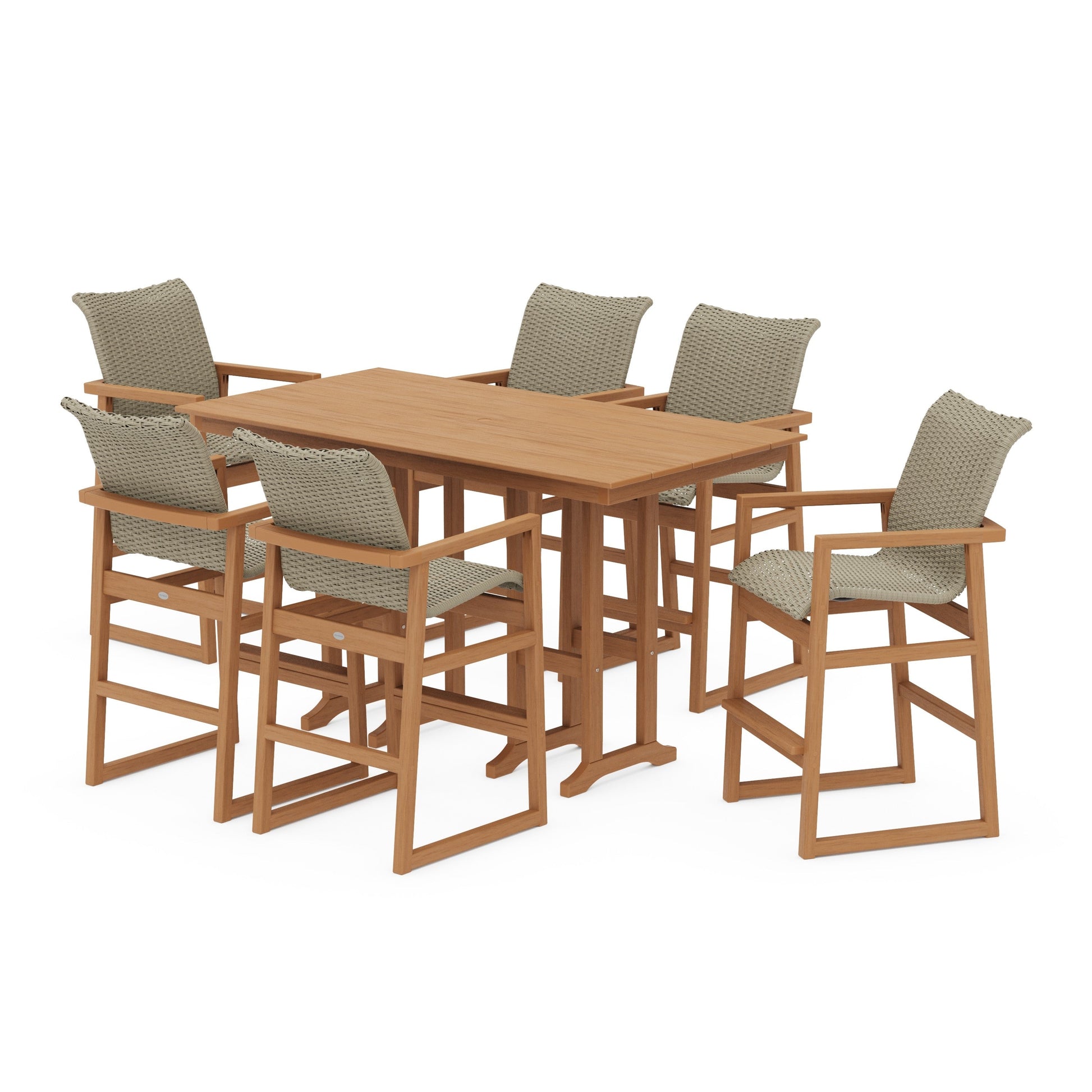 POLYWOOD EDGE Woven Arm Chair 7-Piece Farmhouse Bar Set — Natural / Dune Grass