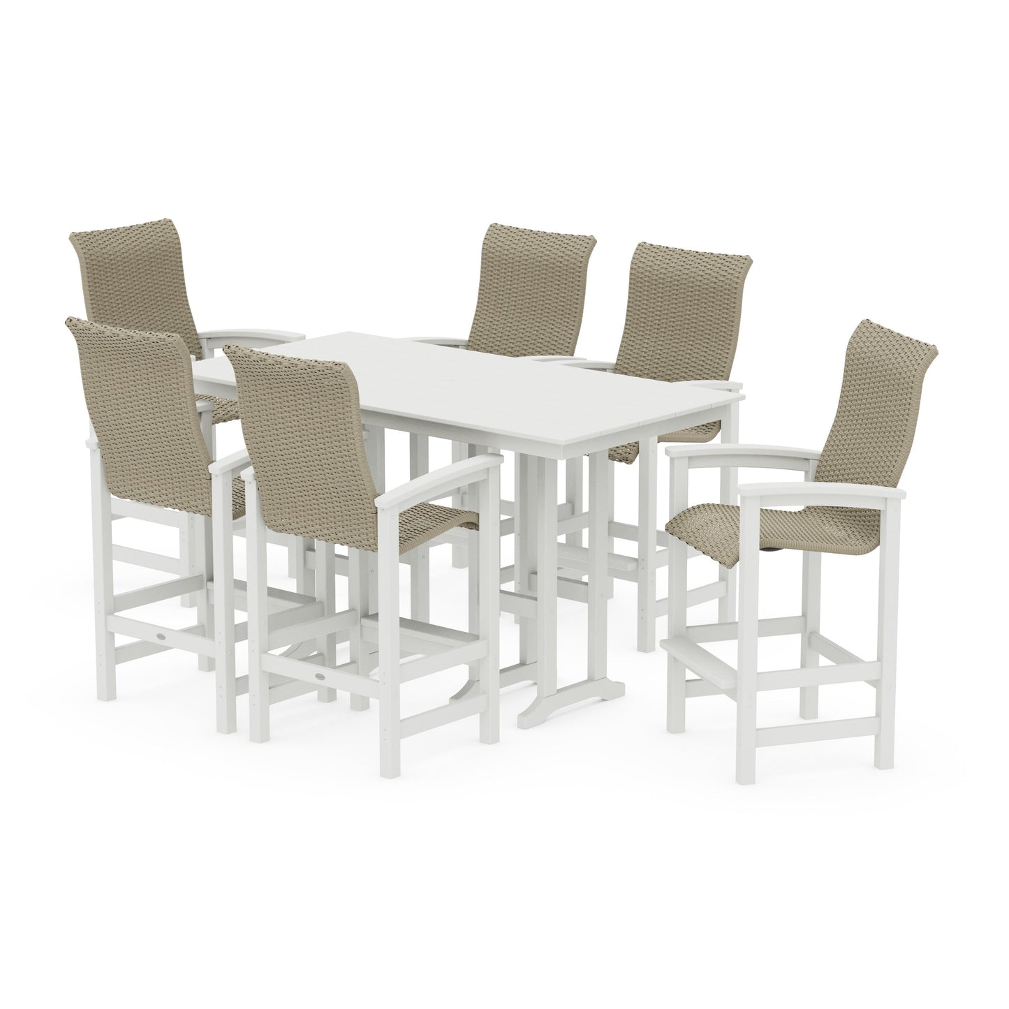 POLYWOOD Coastal Woven High-Back Arm Chair 7-Piece Farmhouse Bar Set — White / Dune Grass