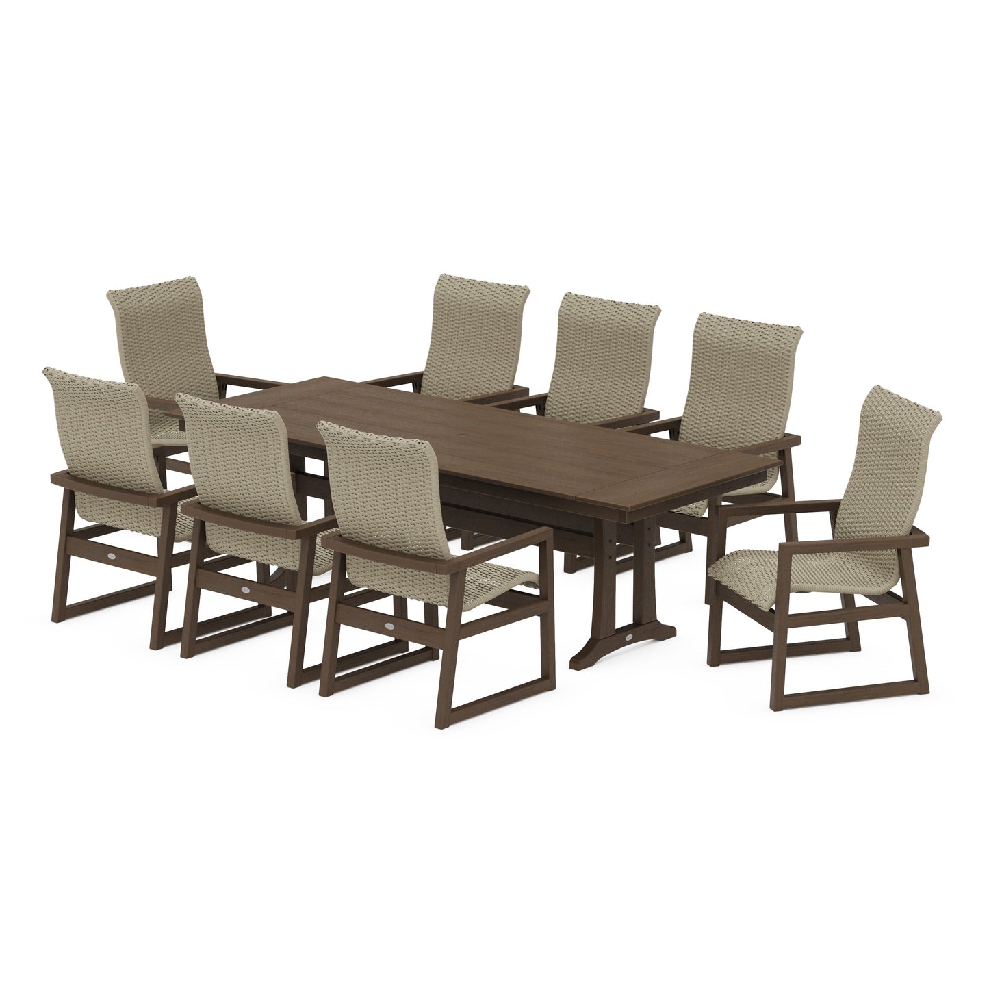 POLYWOOD EDGE Woven Highback 9-Piece Farmhouse Dining Set with Trestle Legs — Kona / Dune Grass