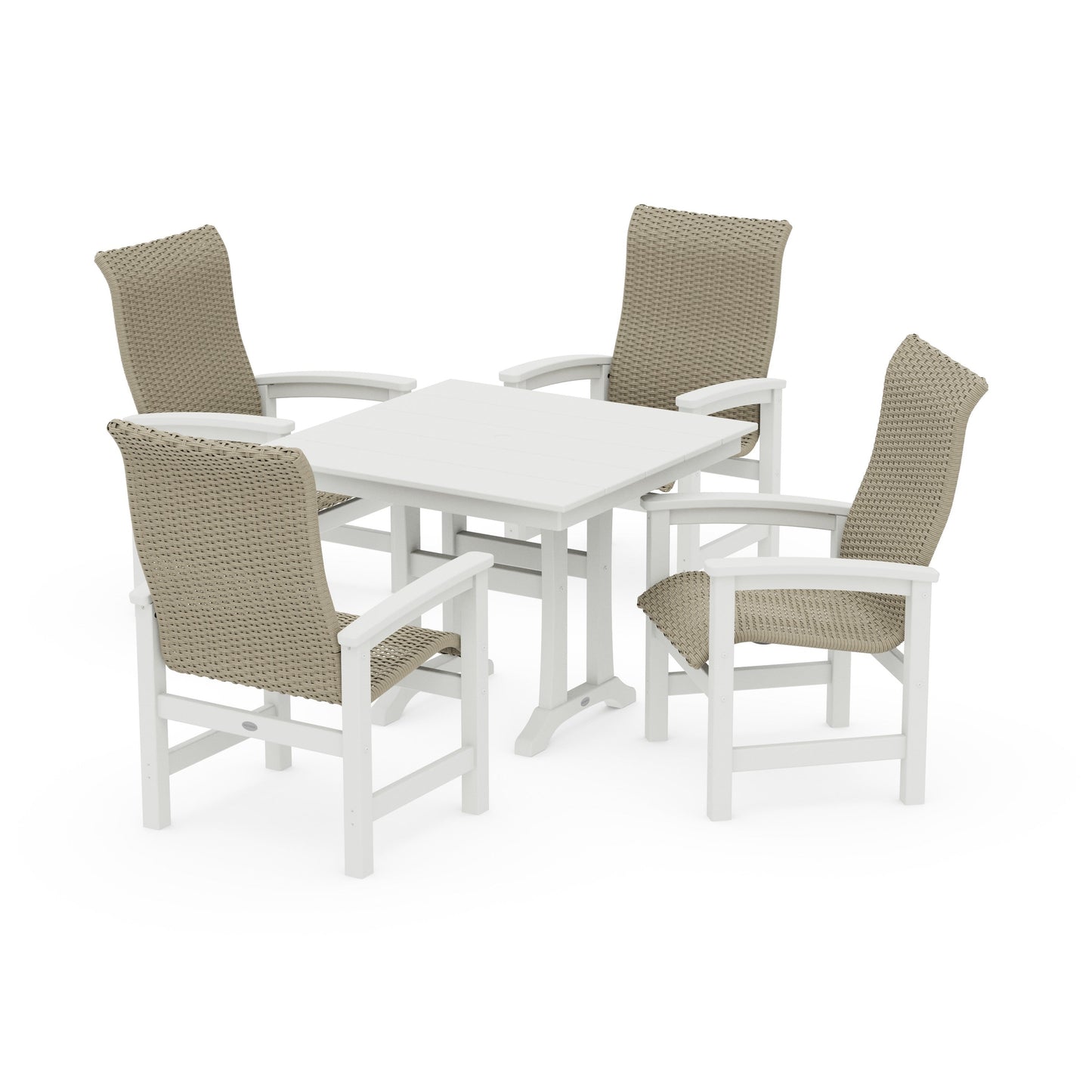 POLYWOOD Coastal Woven High-Back 5-Piece Farmhouse Dining Set with Trestle Legs — Vintage White / Dune Grass