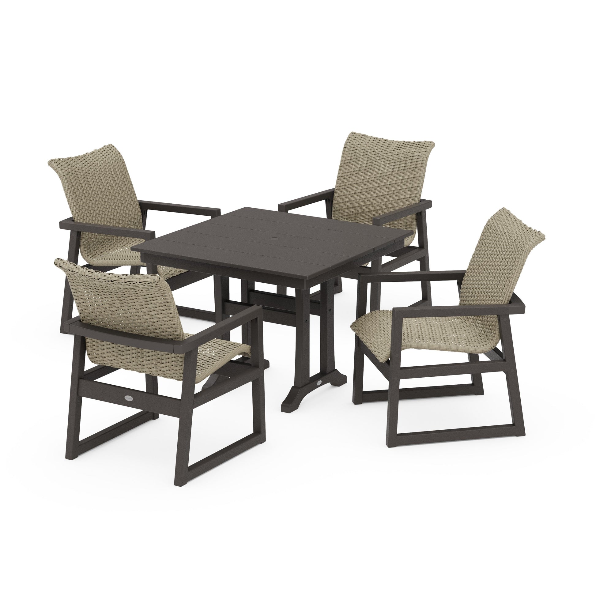 POLYWOOD EDGE Woven 5-Piece Farmhouse Dining Set with Trestle Legs — Vintage Coffee / Dune Grass