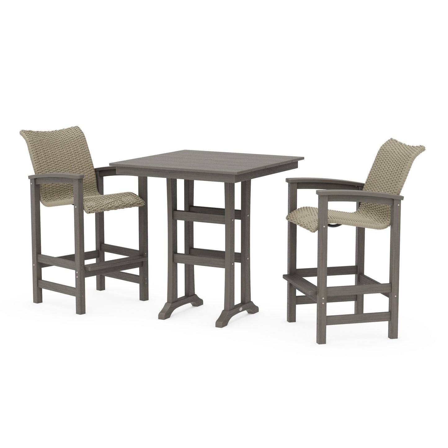 POLYWOOD Coastal Woven 3-Piece Farmhouse Bar Set with Trestle Legs — Driftwood / Dune Grass