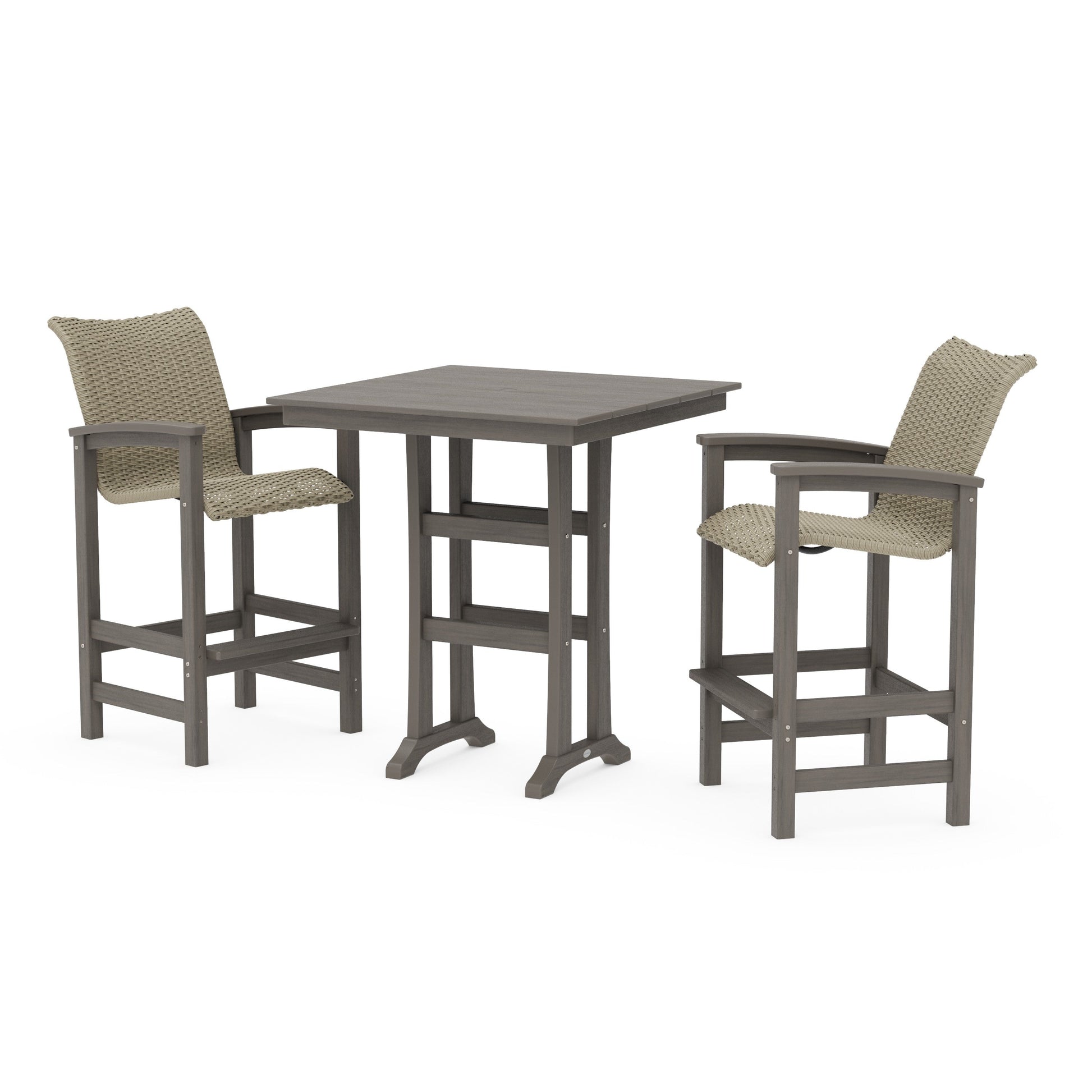 POLYWOOD Coastal Woven 3-Piece Farmhouse Bar Set with Trestle Legs — Driftwood / Dune Grass