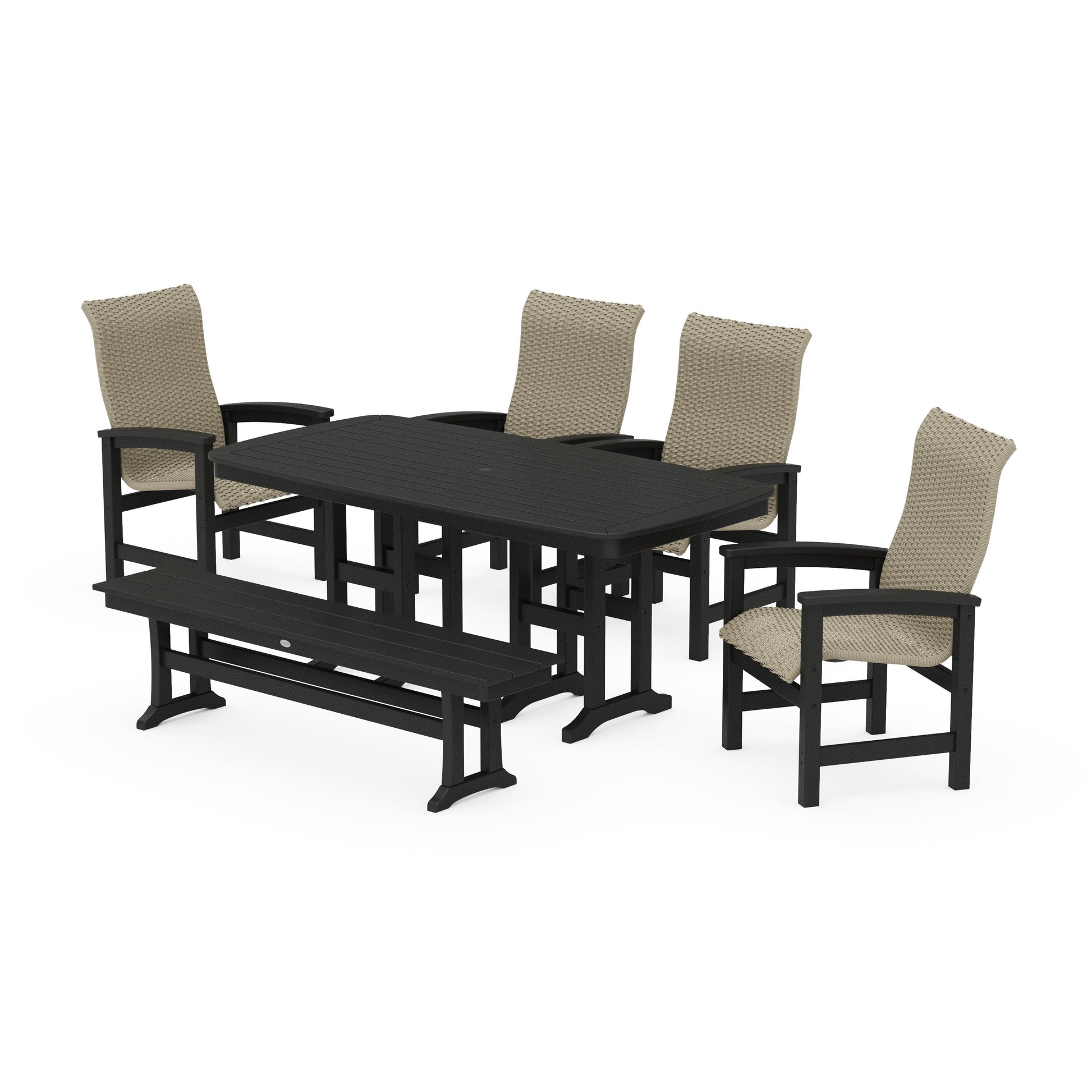 POLYWOOD Coastal Woven High-Back 6-Piece Farmhouse Dining Set with Bench — Black / Dune Grass