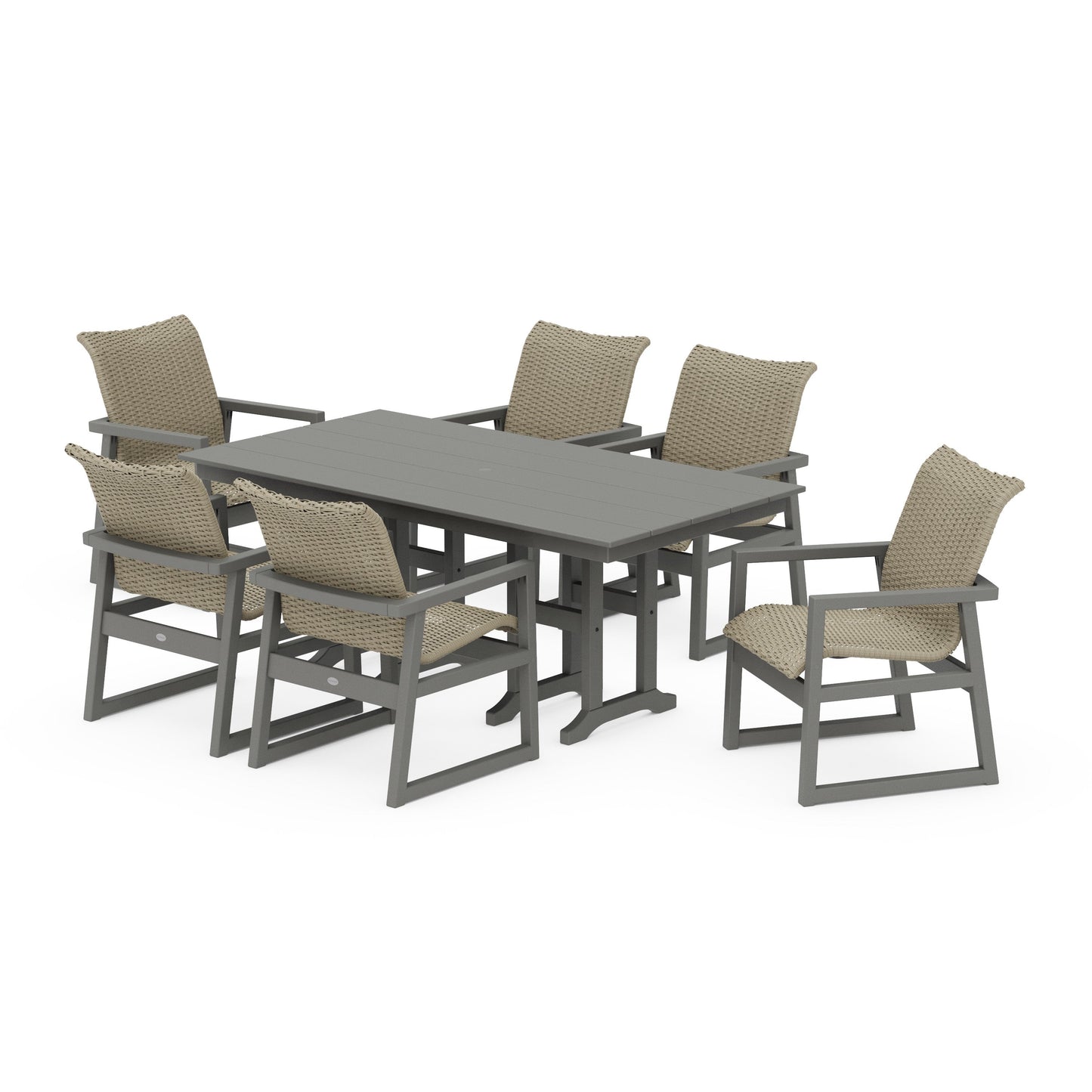 POLYWOOD EDGE Woven Arm Chair 7-Piece Farmhouse Dining Set — Slate Grey / Dune Grass