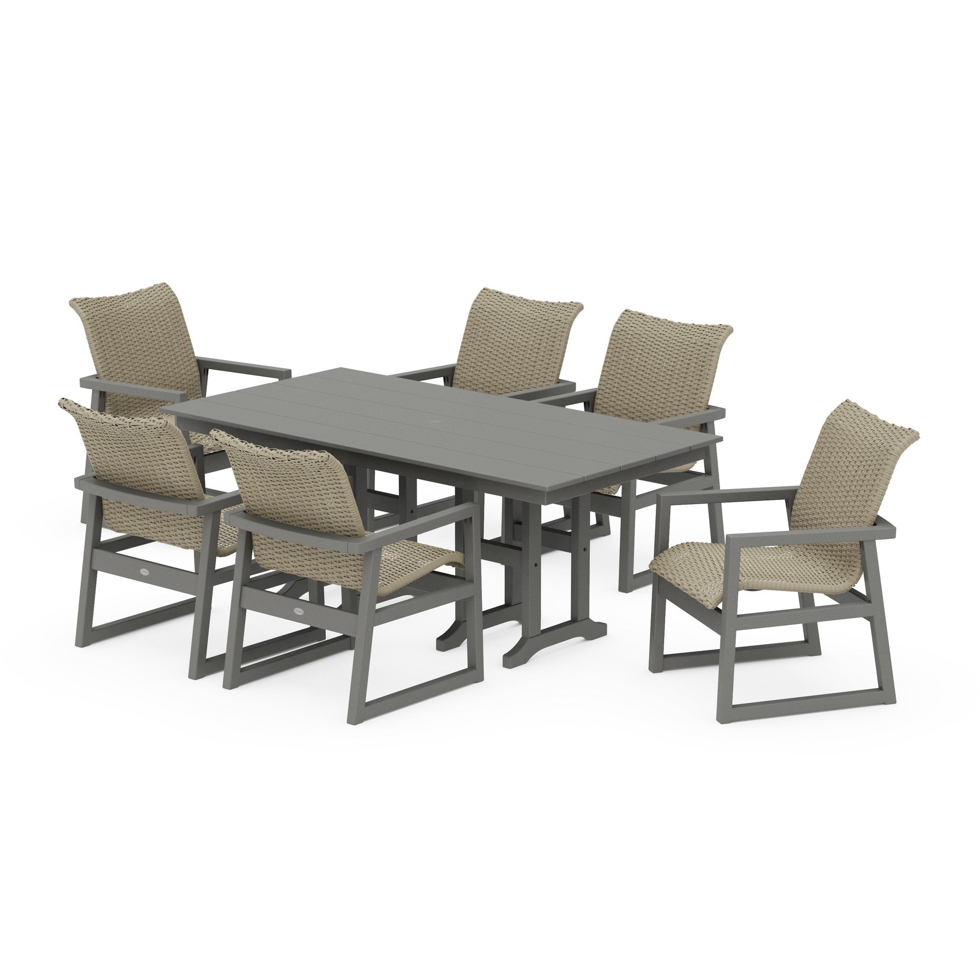 POLYWOOD EDGE Woven Arm Chair 7-Piece Farmhouse Dining Set — Slate Grey / Dune Grass