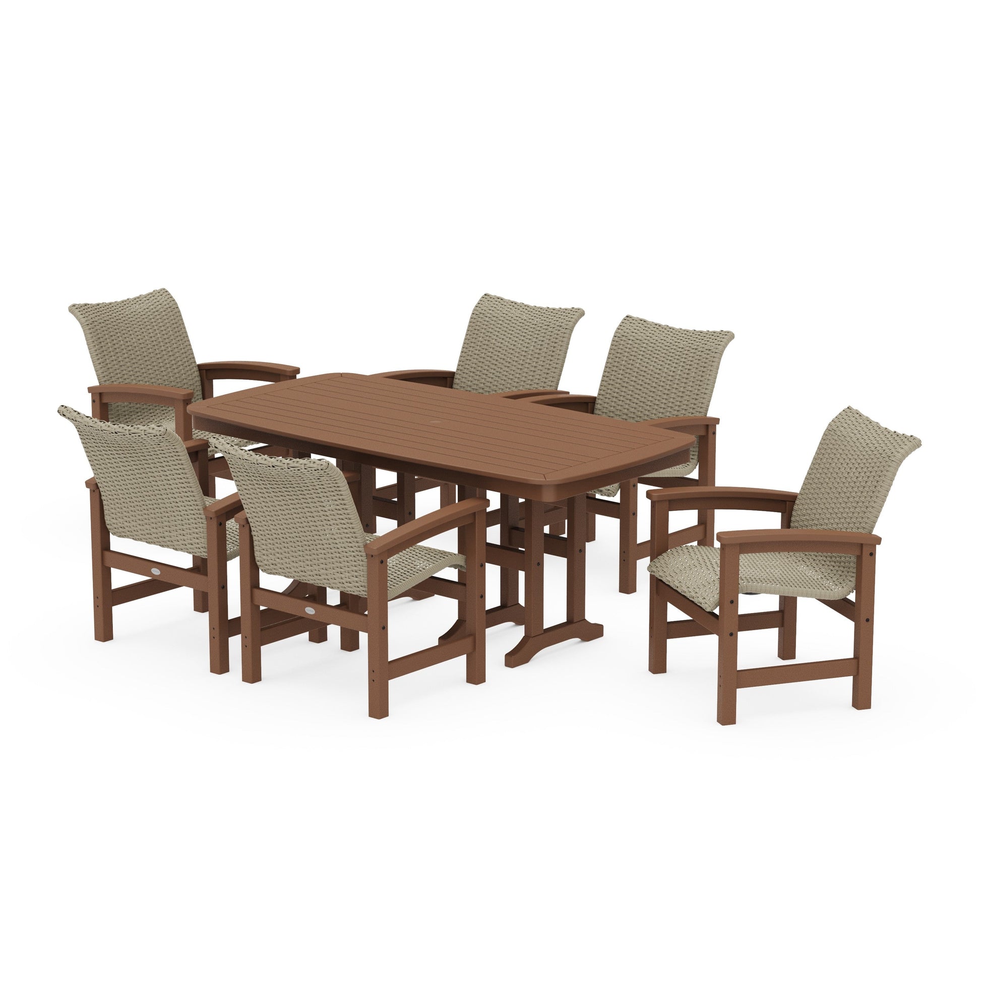 POLYWOOD Coastal Woven Arm Chair 7-Piece Dining Set — Teak / Dune Grass