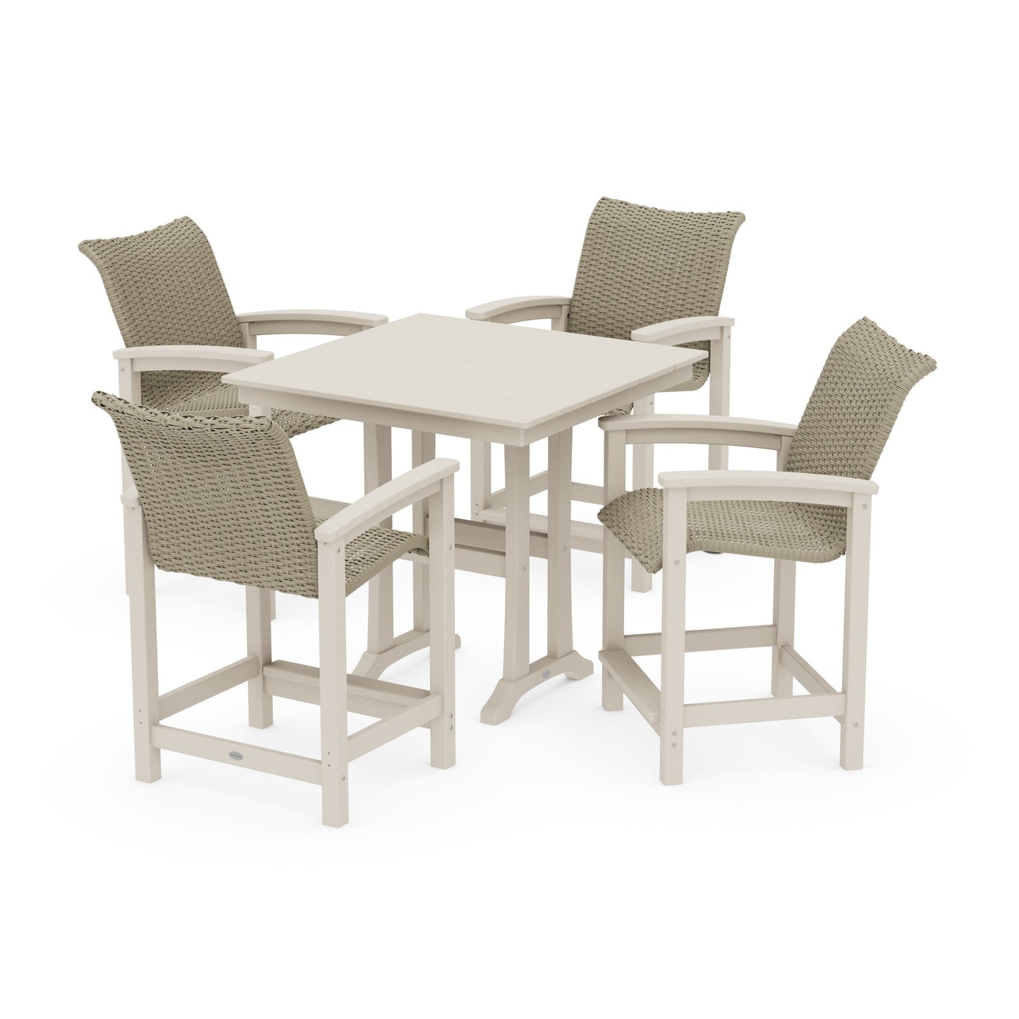 POLYWOOD Coastal Woven 5-Piece Farmhouse Counter Set with Trestle Legs — Sand / Dune Grass