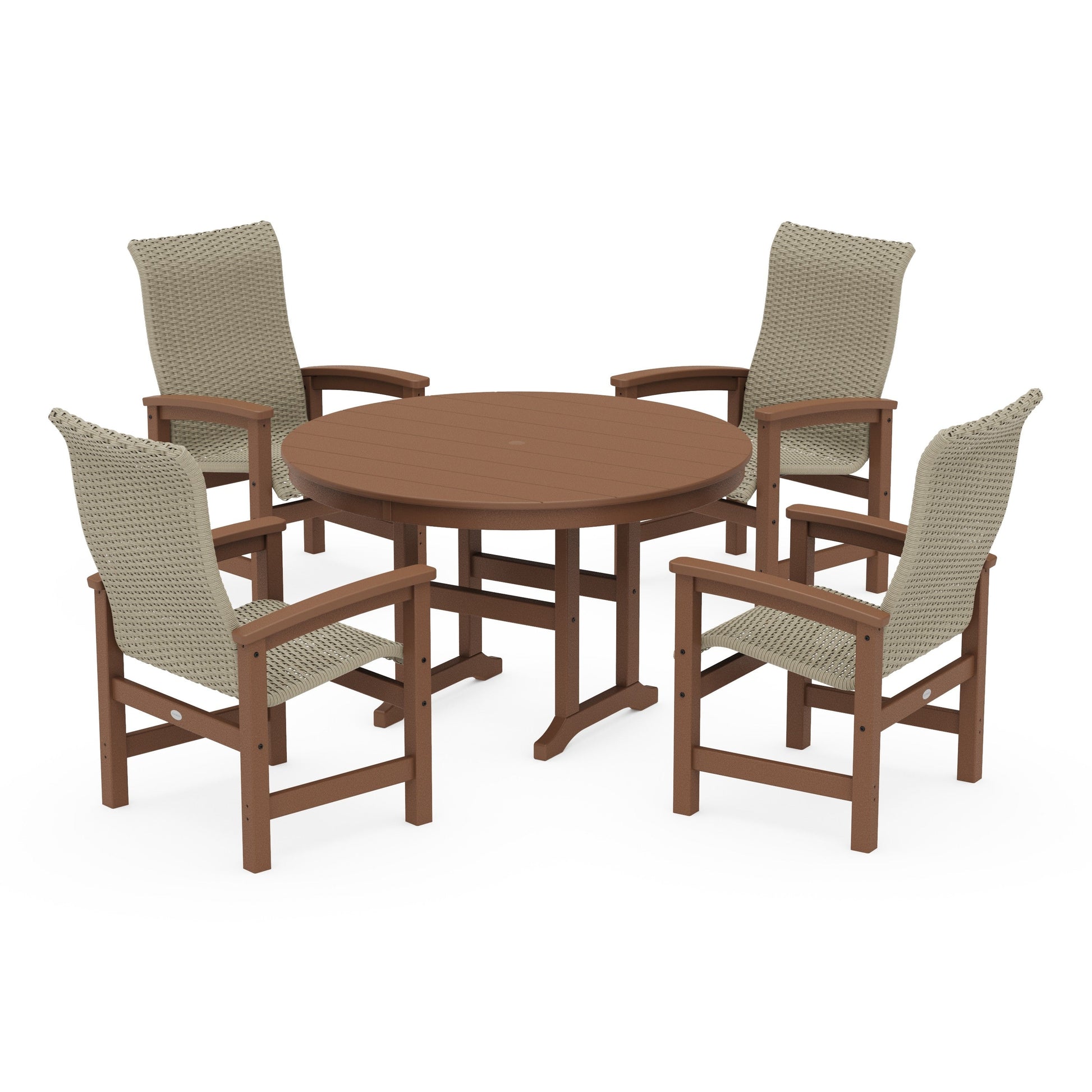 POLYWOOD Coastal Woven High-Back 5-Piece Round Farmhouse Dining Set — Teak / Dune Grass