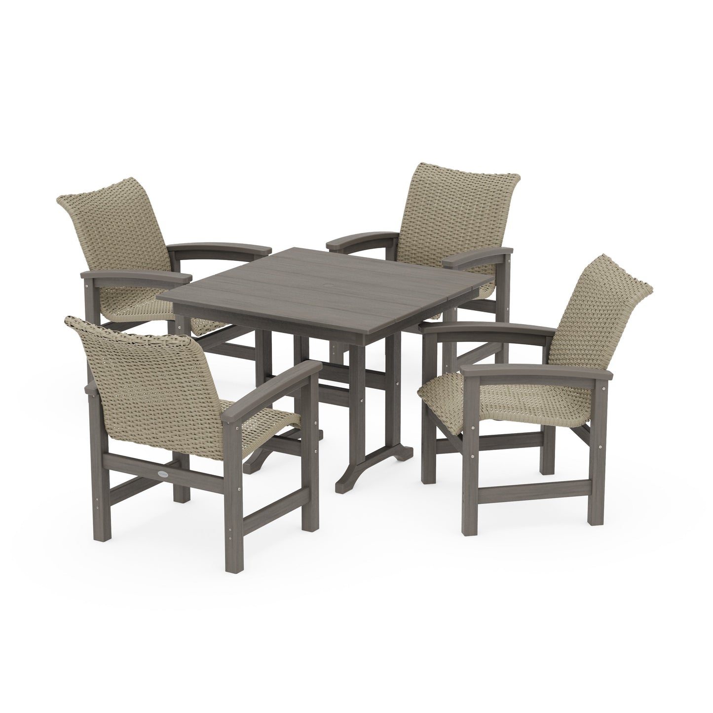 POLYWOOD Coastal Woven 5-Piece Farmhouse Dining Set — Driftwood / Dune Grass