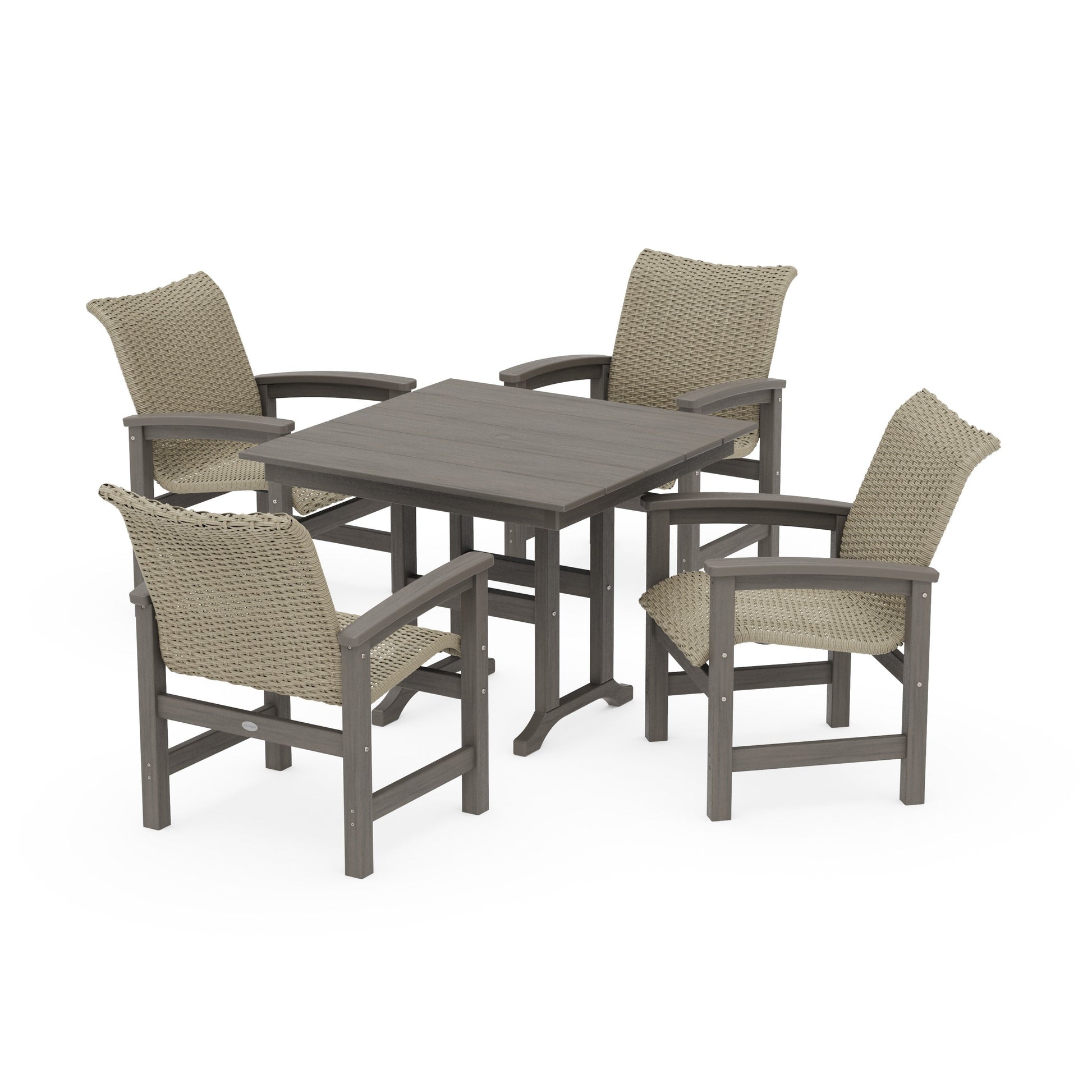 POLYWOOD Coastal Woven 5-Piece Farmhouse Dining Set — Driftwood / Dune Grass
