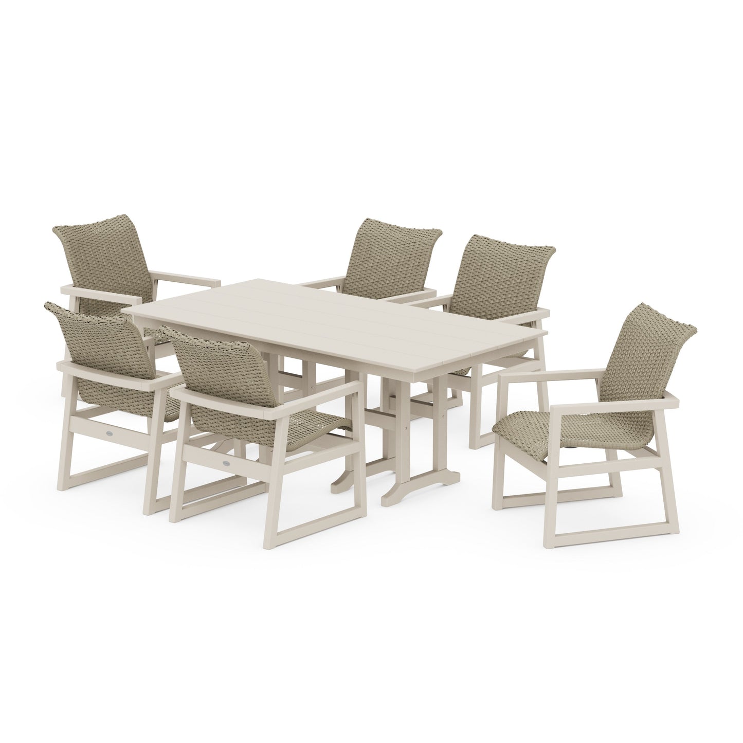 POLYWOOD EDGE Woven Arm Chair 7-Piece Farmhouse Dining Set — Sand / Dune Grass