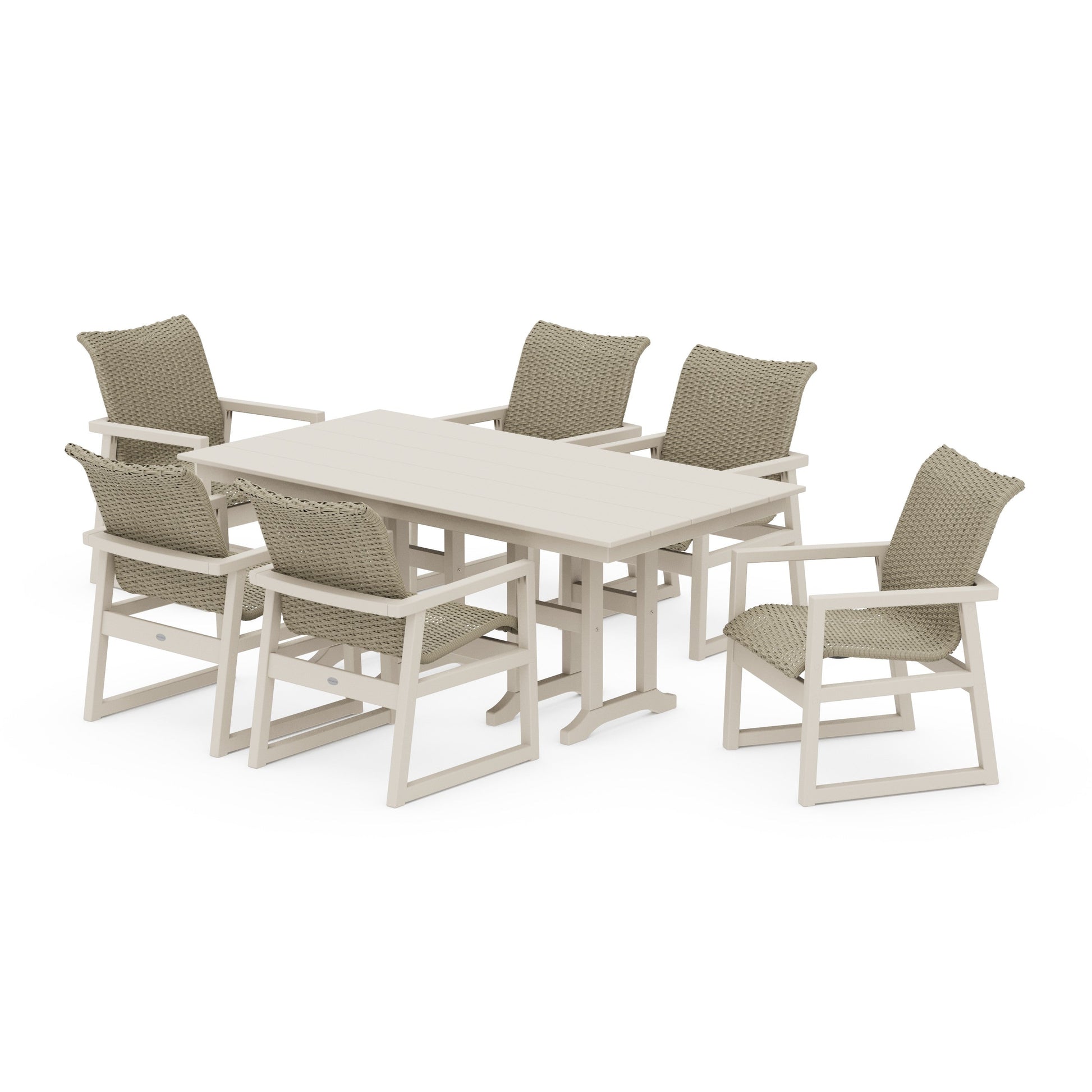 POLYWOOD EDGE Woven Arm Chair 7-Piece Farmhouse Dining Set — Sand / Dune Grass