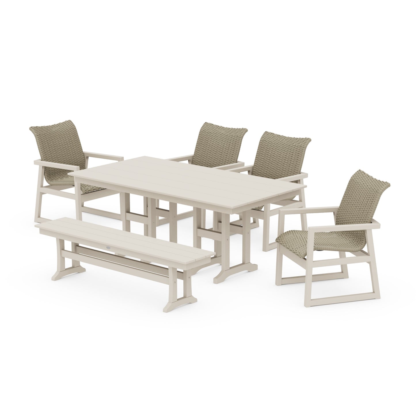 POLYWOOD EDGE Woven 6-Piece Farmhouse Dining Set with Bench — Sand / Dune Grass