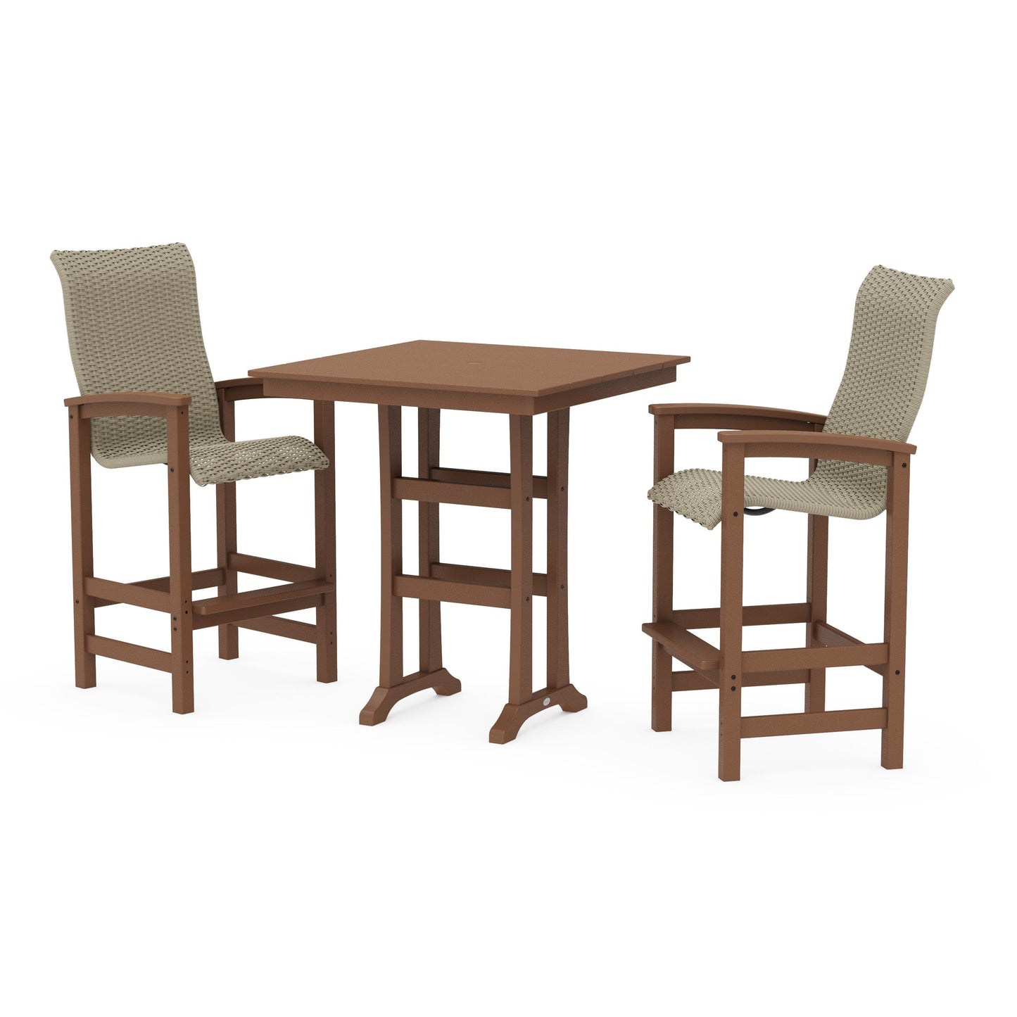 POLYWOOD Coastal Woven High-Back 3-Piece Farmhouse Bar Set with Trestle Legs — Teak / Dune Grass