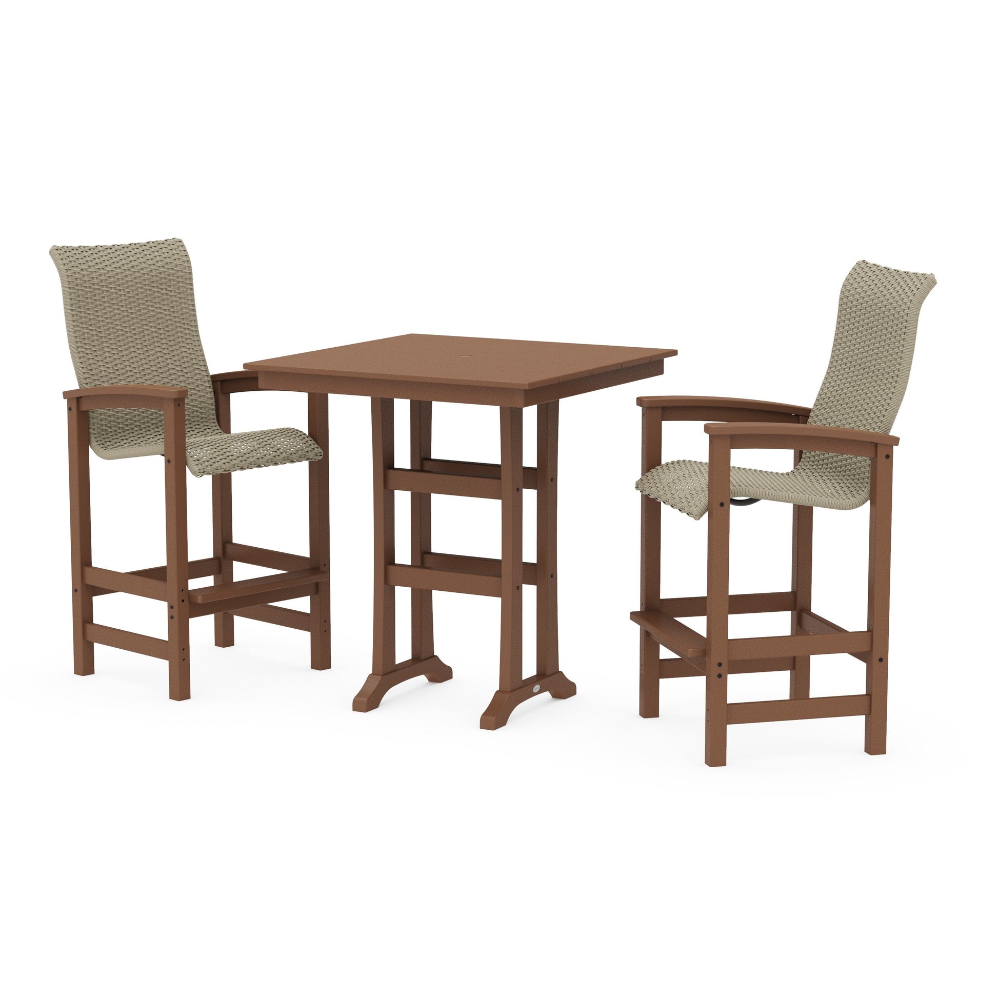 POLYWOOD Coastal Woven High-Back 3-Piece Farmhouse Bar Set with Trestle Legs — Teak / Dune Grass
