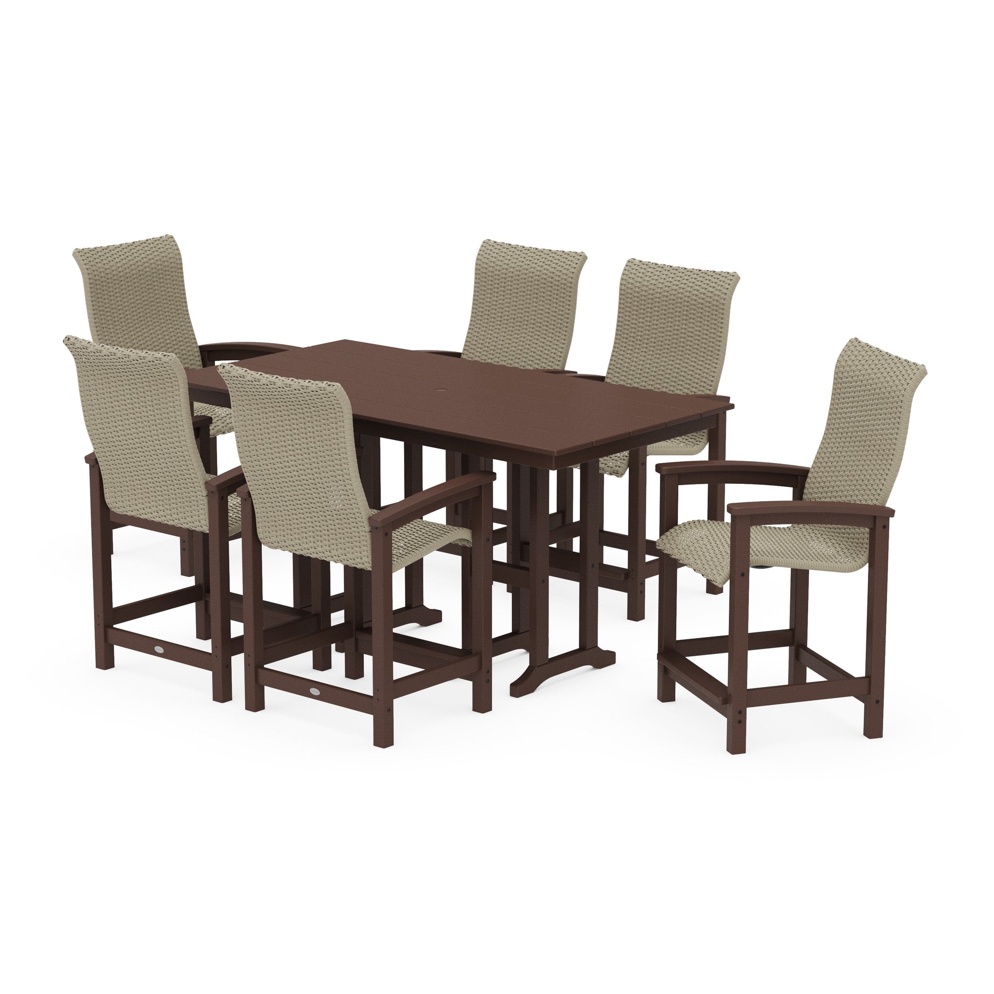 POLYWOOD Coastal Woven High-Back Arm Chair 7-Piece Farmhouse Counter Set — Mahogany / Dune Grass