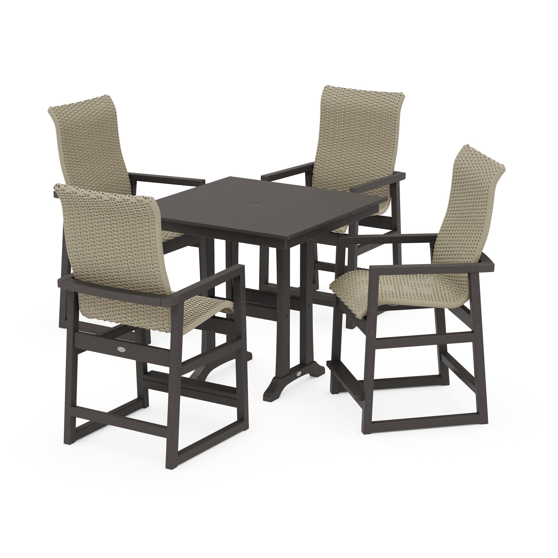 POLYWOOD EDGE Woven Highback 5-Piece Farmhouse Counter Set with Trestle Legs — Vintage Coffee / Dune Grass