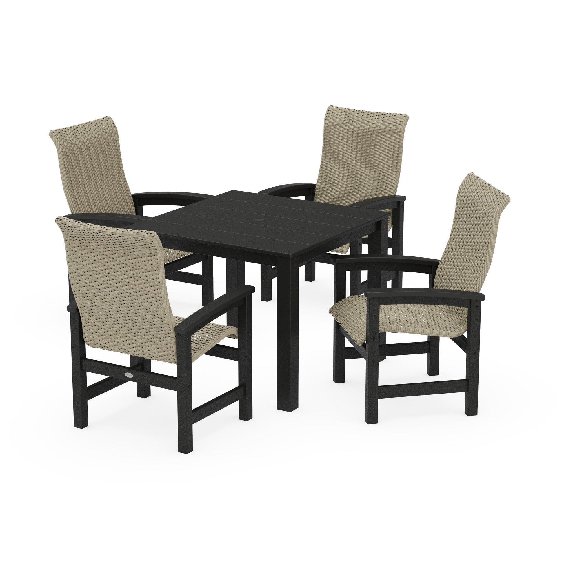 POLYWOOD Coastal Woven High-Back 5-Piece Parsons Dining Set — Black / Dune Grass