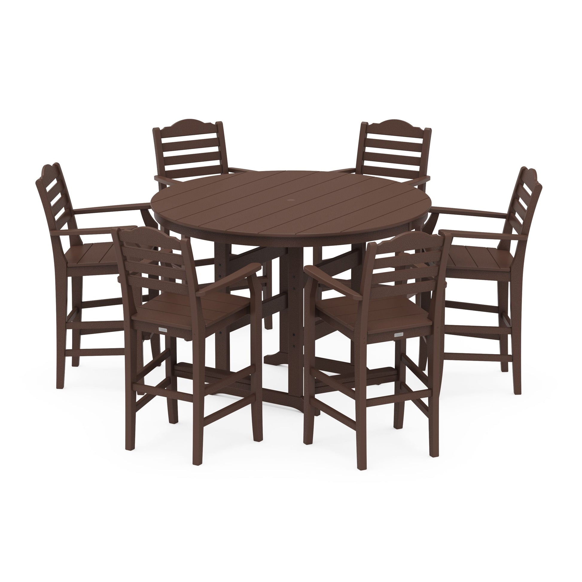 POLYWOOD Savannah 7-Piece Arm Chair Round Farmhouse Bar Set — Mahogany