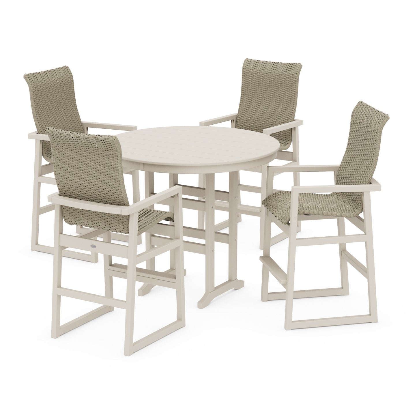 POLYWOOD EDGE Woven Highback 5-Piece Round Farmhouse Bar Set — Sand / Dune Grass